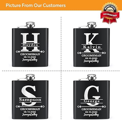 Miniatura 7 de Juego de 6 regalos para padrinos de boda, regalos de padrino de boda personalizados de acero inoxidable de 6 onzas. Frasco personalizado, ideal para