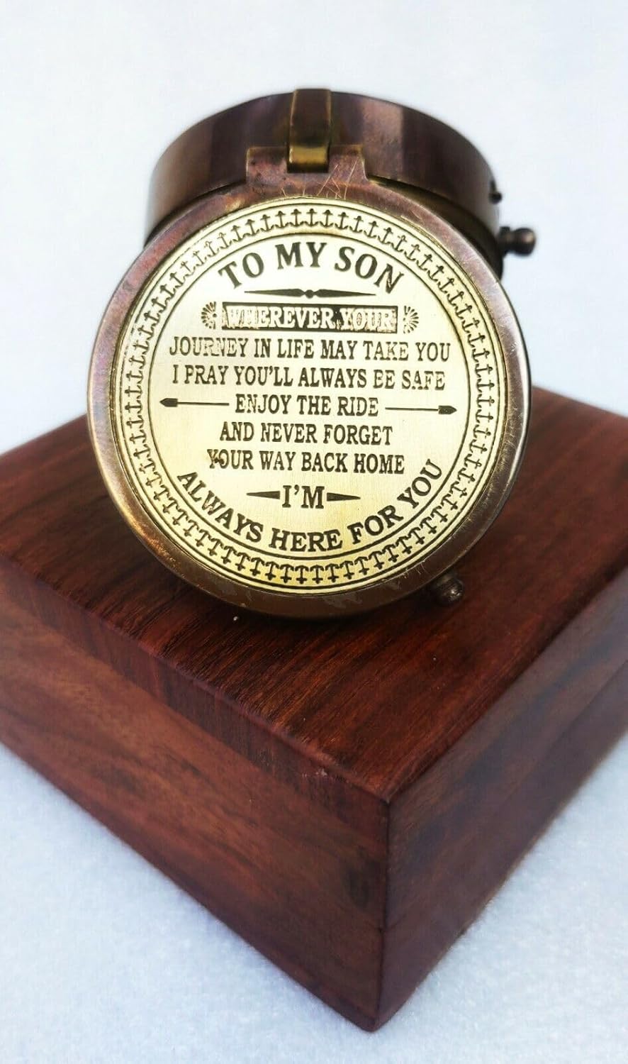 Personalized Vintage Compass with Inspirational Message to Son, Wooden Box Gift Set with Chain, Antique Bronze Personalized Engraving Available Custom