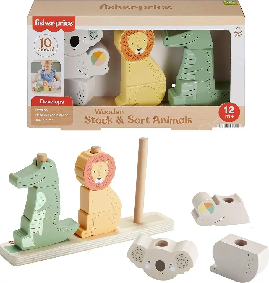 Fisher-Price, Brinquedo de Madeira com 9 Formas de Animais para Empilhar e Classificar, Mattel