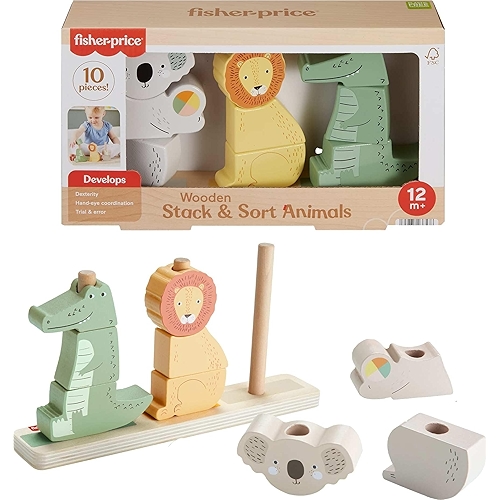 Fisher-Price, Brinquedo de Madeira com 9 Formas de Animais para Empilhar e Classificar, Ma...