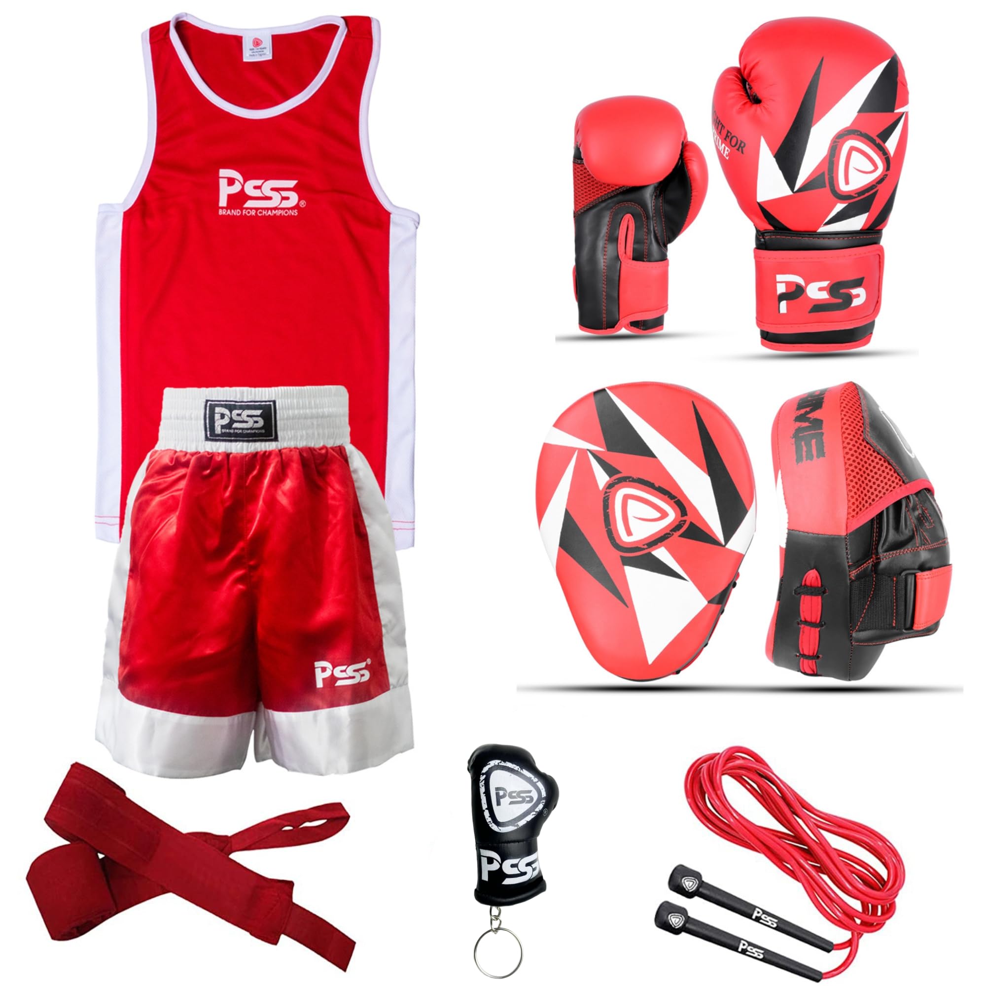 Kids boxing 6 pcs set uniform top & short Boxing gloves Red 1021 Focus Pad Red 1109 Wrap-Rope-key chain Professional accessories kit for sparring sports – 4OZ (1109 Red, 9-10 Year)