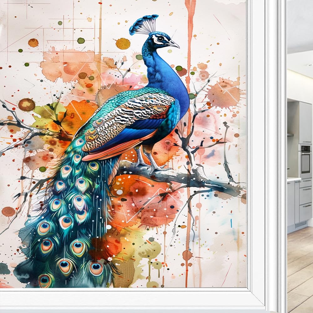 Fyfmushe Colorful Peacock Stained Glass Window Film, Modern Elegant Nature Animals Decorative Frosted Glass Privacy Film, Heat Control Static Cling Window Sticker 45X60 Cm