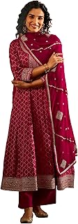 Libas Art Woven Design Silk Blend Anarkali Kurta With Trousers and Dupatta