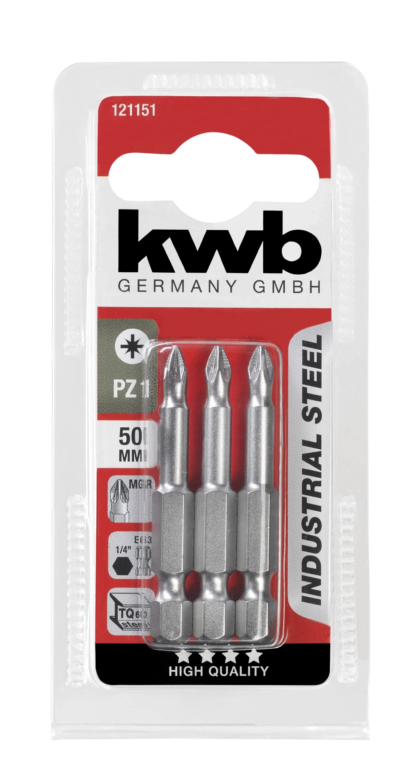 kwb 3 x 50mm PZ1 Industrial Steel Bits for Reliable Screw Fastening TQ60 Steel, C 6.3 Drive - Image 2