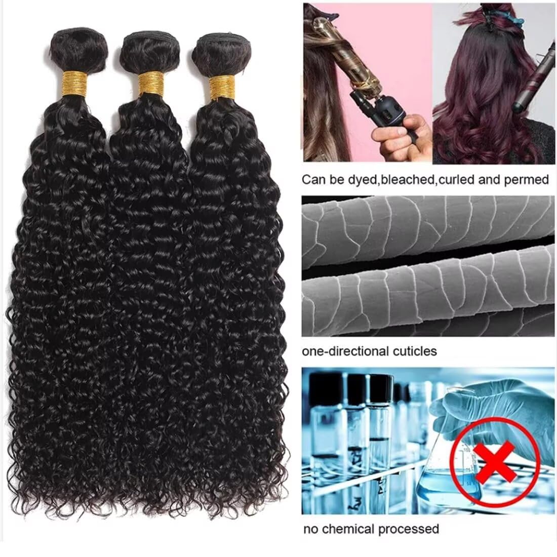 12A Curly Human Hair Bundles 100% Unprocessed Kinky Curly Bundles Human Hair Soft And Thick Can Be Dyed Curly Wave 3 Bundles Natural Black Color 18 20 22 Inch - Image 3