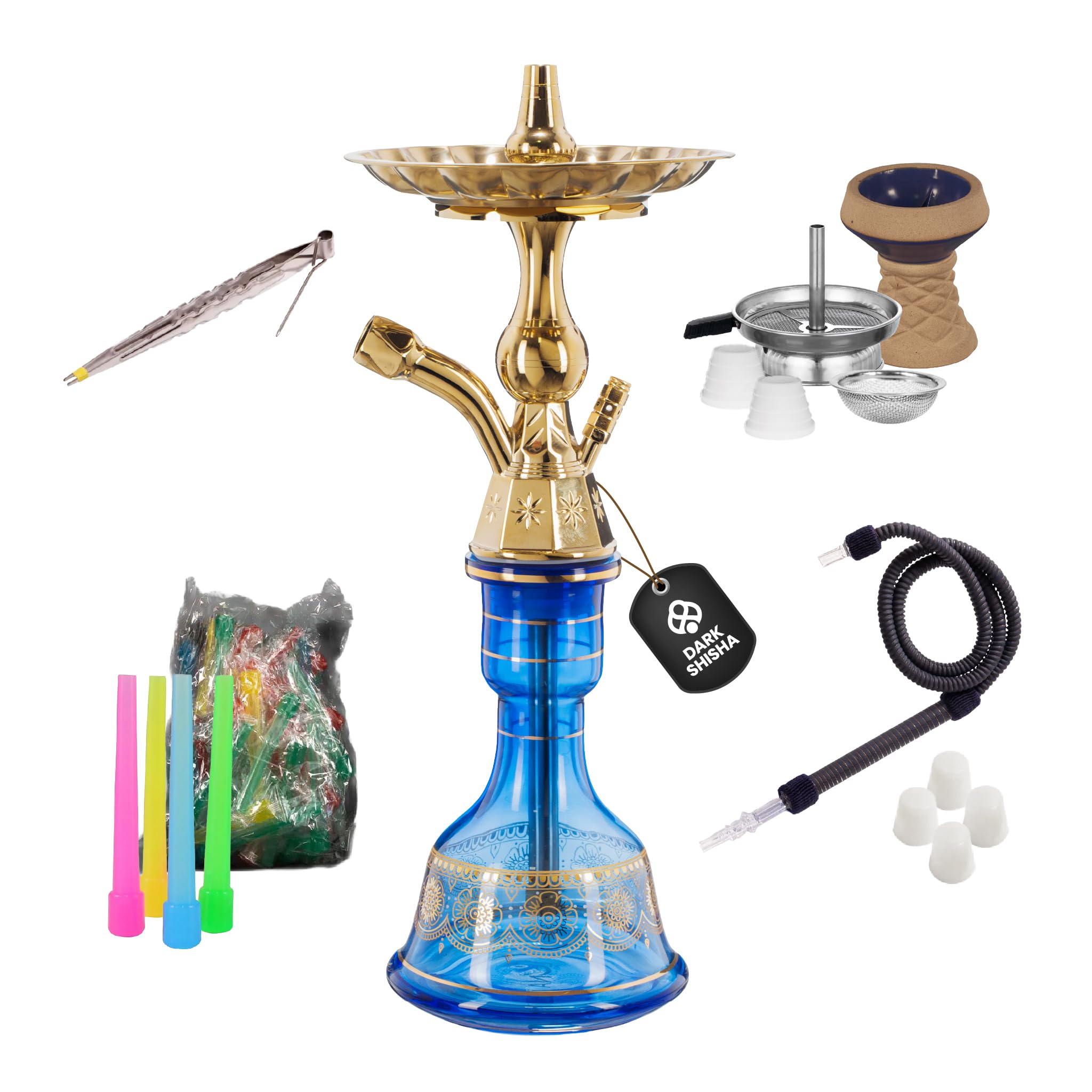Dark Shisha Cachimba Luna Azul 44,5 cm + 50 Boquillas Higiénicas | Set Completo con Manguera Tradicional, Cazoleta de Piedra, Chimenea, Pinza y Juntas