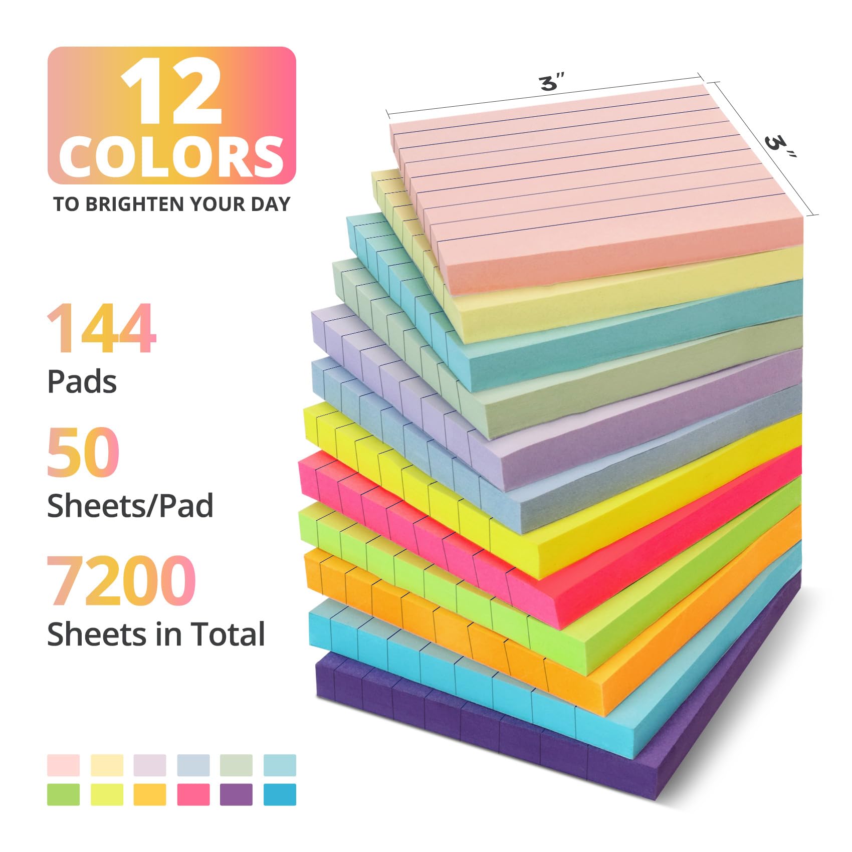 Foglietti adesivi a righe, 144 blocchetti, 7,6 x 7,6 cm, perfetti per ufficio, studio e organizzazione della vita quotidiana, luminosi