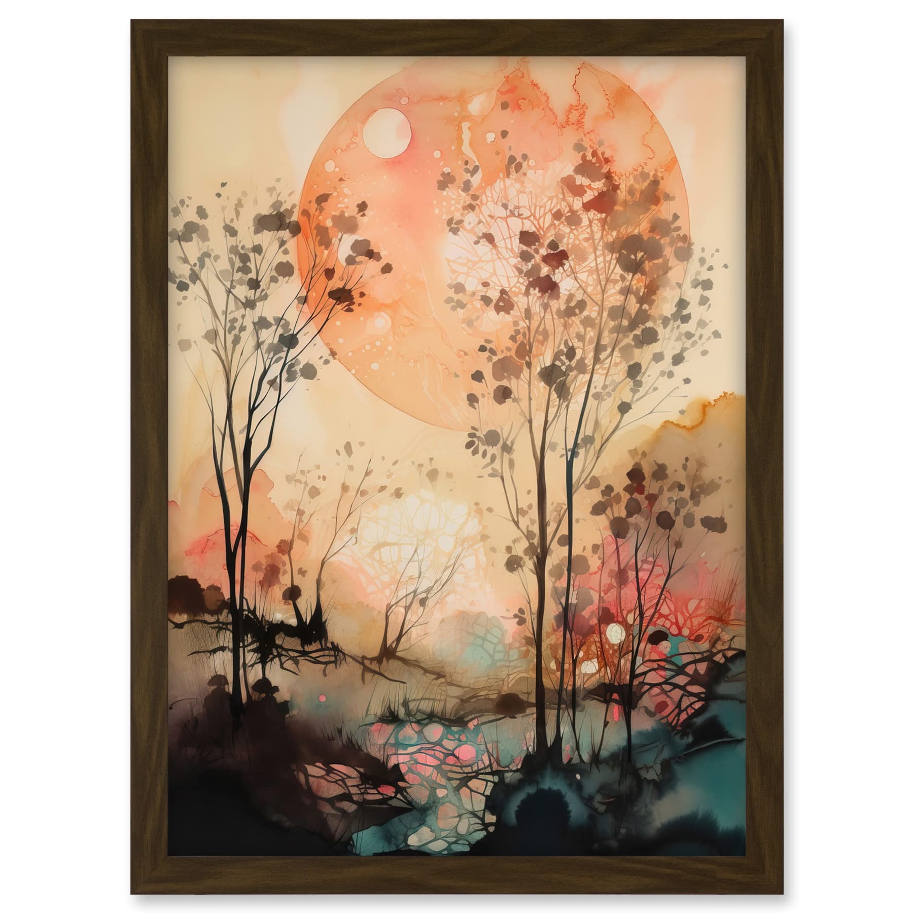 Artery8 Misty Riverside Trees Sunset Landscape Modern Boho Watercolour Painting Artwork Framed A3 Wall Art Print
