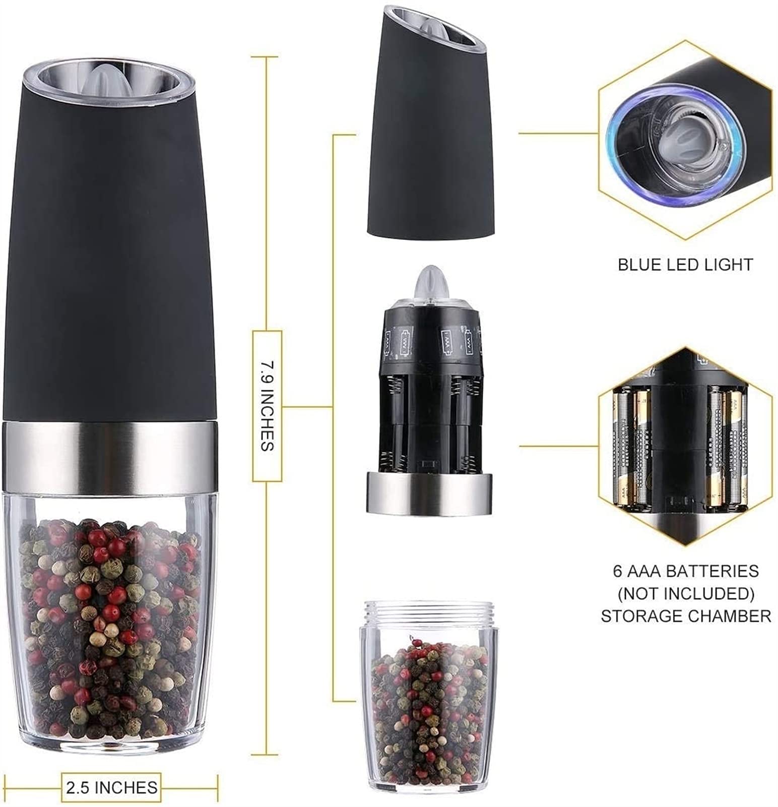 Set macina sale e pepe elettrico a gravità con ruvidità regolabile macina sale e pepe automatico alimentato a batteria con luce LED blu, azionato con una sola mano