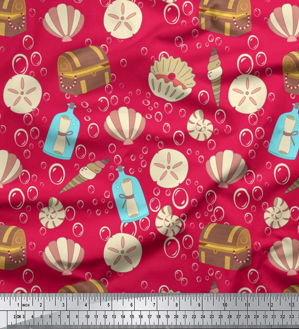 Soimoi Pink Heavy Satin Fabric Treasure & Seashell Ocean Fabric Prints By Yard 54 Inch Wide