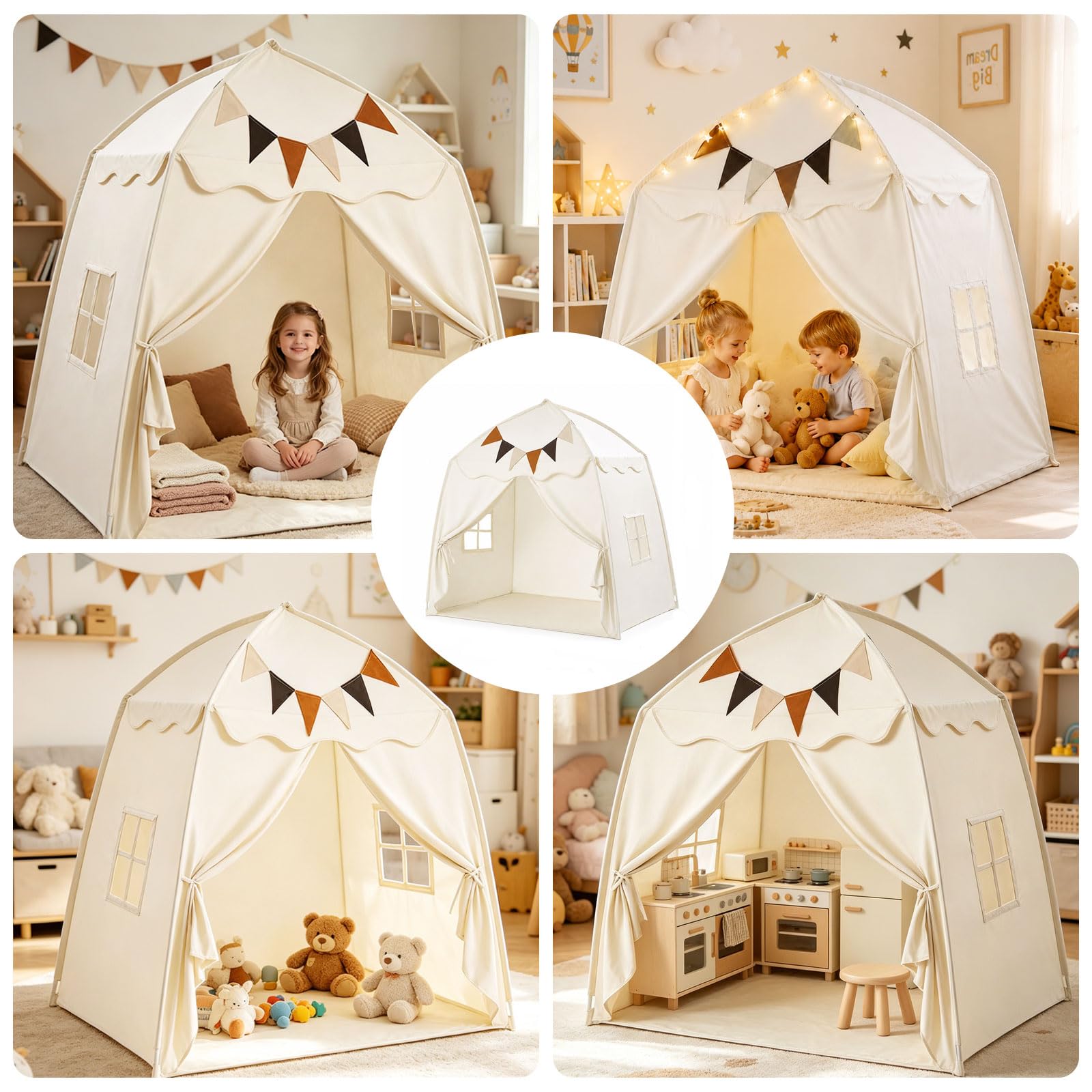 Kinderzelt Indoor, Spielzelt mit Flaggen & Lichterketten, Tipi Zelt Kinderzimmer, Spielhaus Kinder, Tragbares und Faltbares Tipi, Spielzelt Prinzessin Zelt für Mädchen Jungen (Beige)