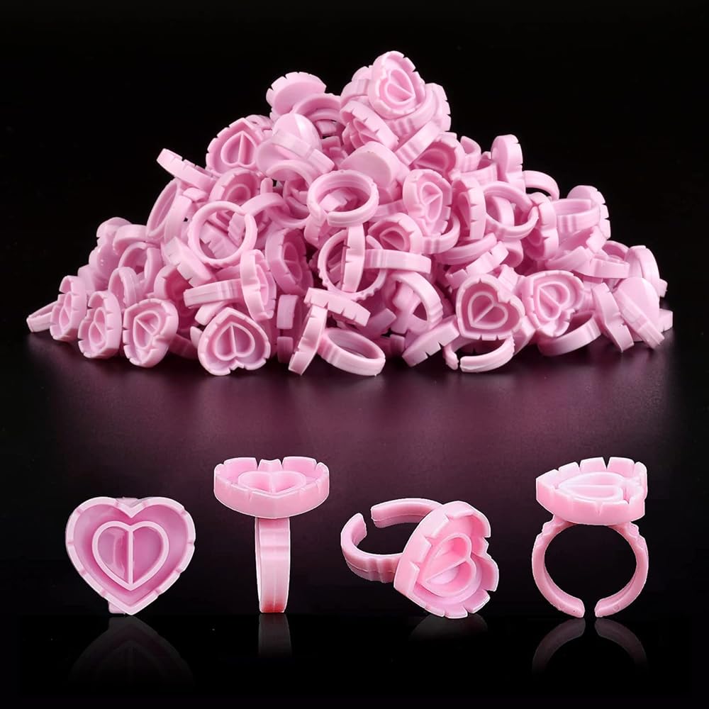NXJ INFILILA Glue Rings for Eyelash Extensions 100PCS Disposable Rings For Lashes Lovely Heart Shape, Makeup Plastic Nail Art Glue Cups Lash Extension Supplies for Eyelash Extensions