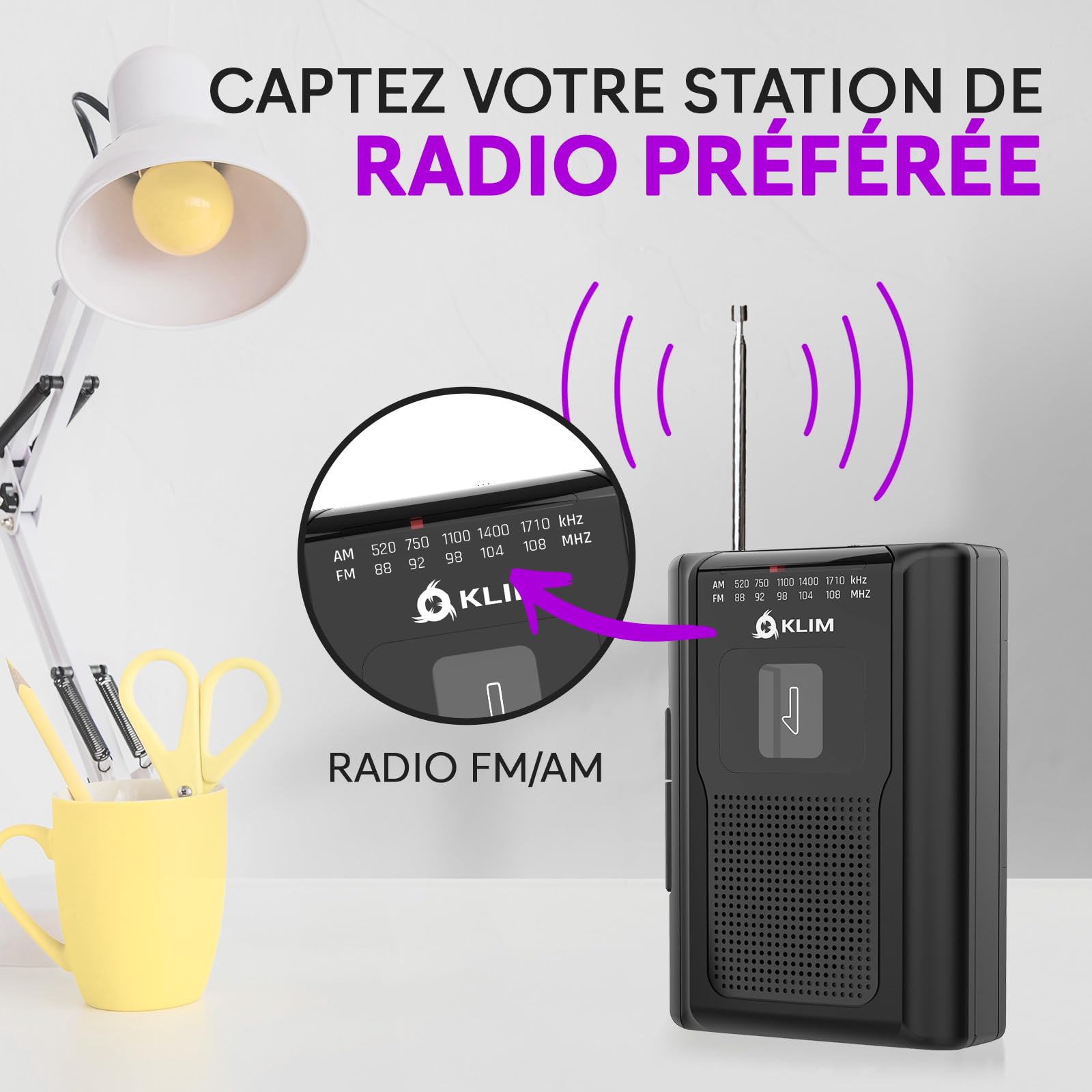 KLIM K8 Lecteur Cassette Audio avec Un Casque Fusion - Enregistreur Cassette - Nouveau Player - Radio AM/FM - Microphone et Haut-Parleur Intégrés - Prise Casque et Écouteurs - Noir