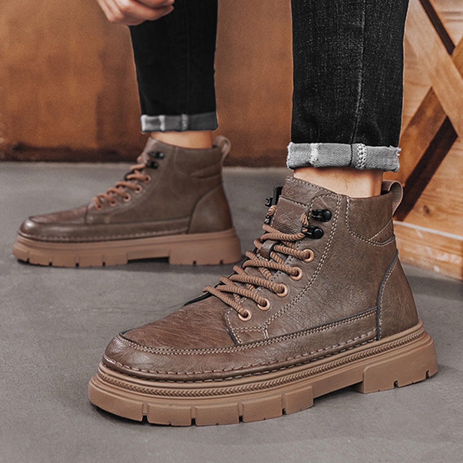 Ankle Boots Damen Leder Schnürstiefel Plateau Motorrad Lederstiefel