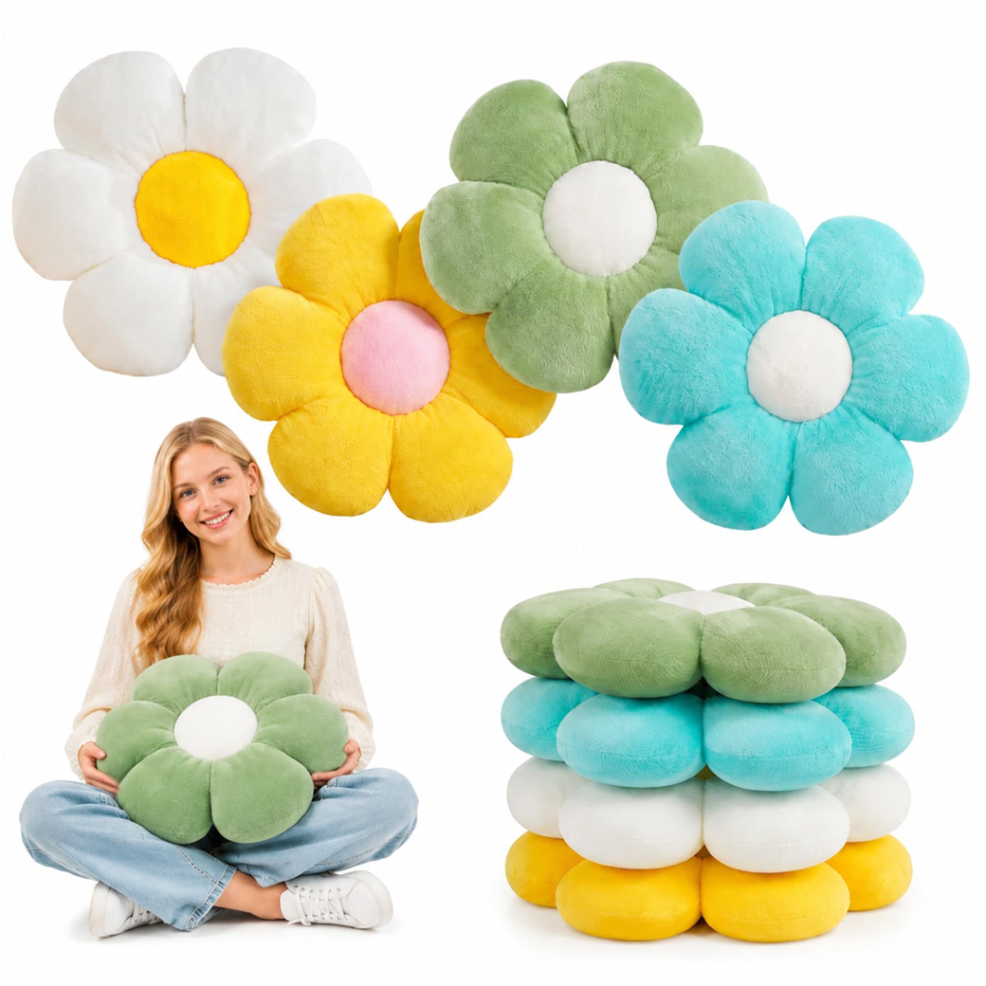 CANGHI Flower Pillow 4PCS 15.7" White/Yellow/Green/Blue Plush Throw