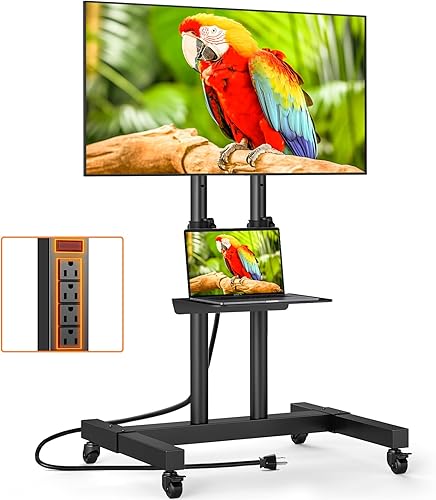 TVON Soporte de TV rodante resistente con toma de corriente para televisores de 32 a 83 pulgadas, soporte de TV móvil de altura ajustable sobre