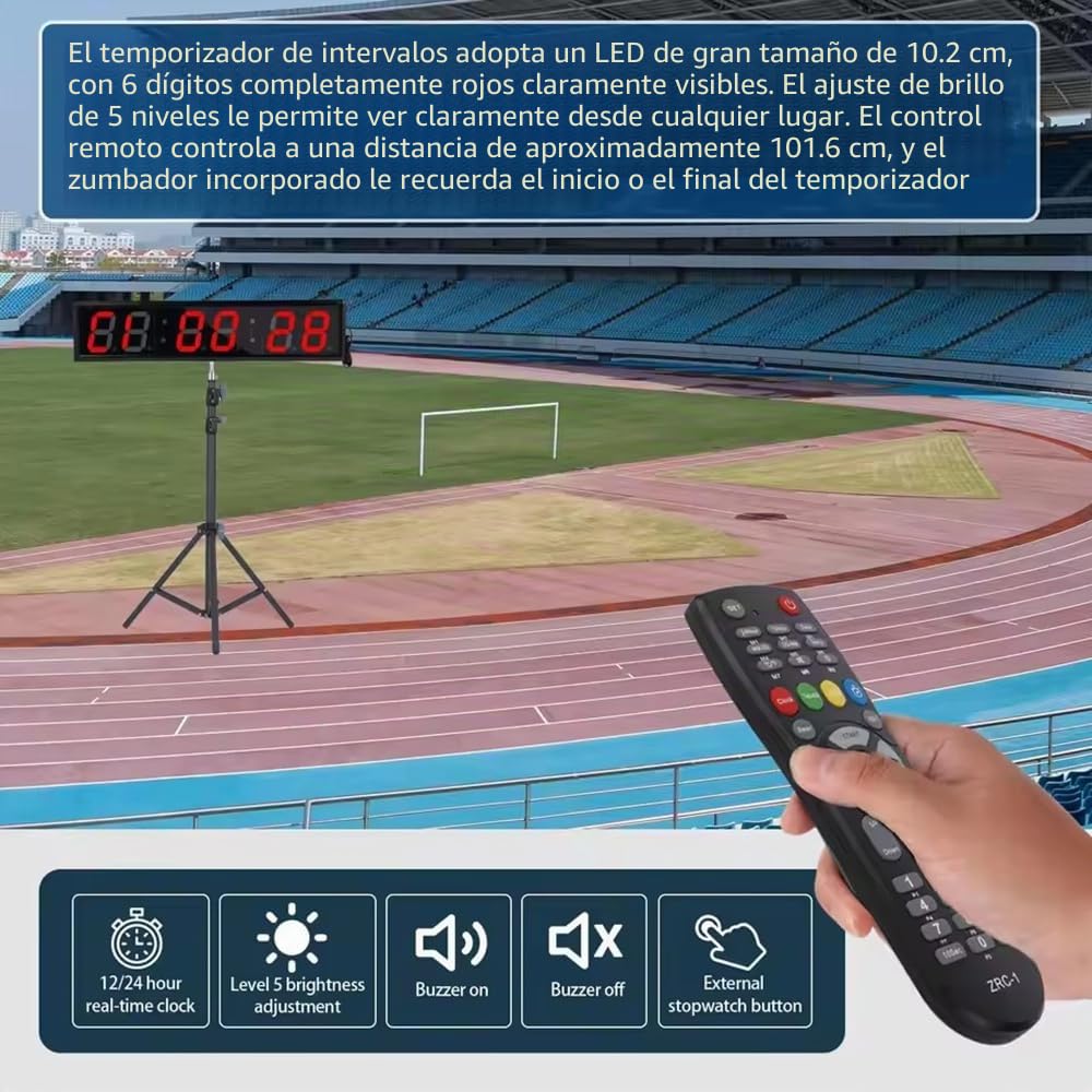 Juegos Cronómetro Gimnasio 2.3 Pulgadas con Trípode,Pantalla de 6 dígitos,Brillo Ajustable,Portátil,Brillo Ajustable de 12/24 Horas,Incl Trípode y Soporte de Pared para Cocina/Exámenes/Competición