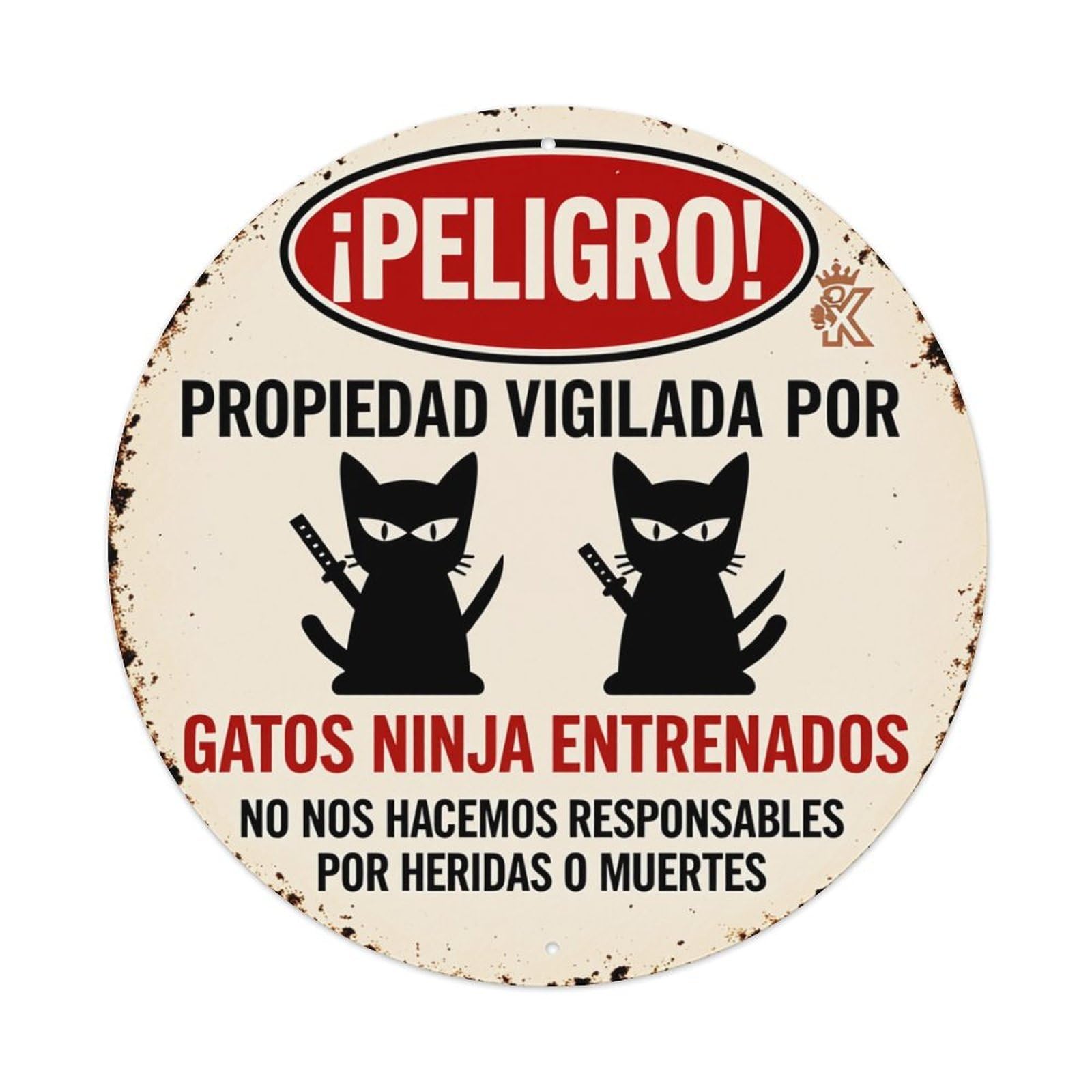 Danger Property Watched Ninja Cats Round Tin Sign Retro Metal Sign for Cafe Bar Pub Home Game Room Gym Club Wall Decoration Vintage Metal Poster 8x8 Inch