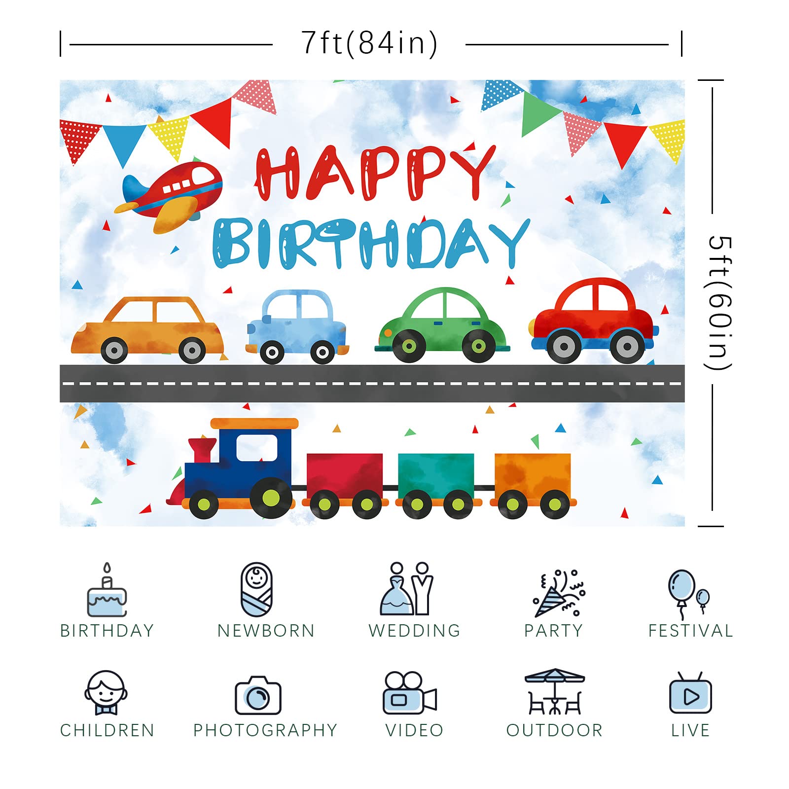 Fotohintergrund Geburtstag – Auto, Zug, Flugzeug-Motive Für Jungs, 2,1x1,5 M, Weicher Stoff, Personalisierbar