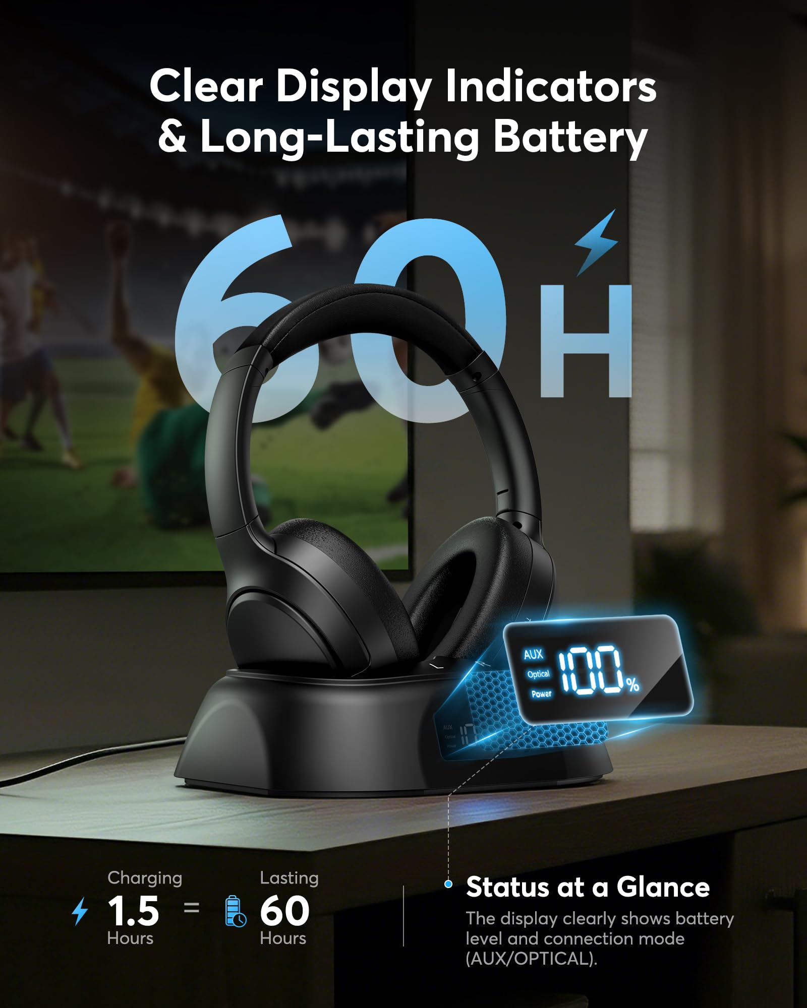 Doohoeek Casque Audio TV sans Fil, Casque Bluetooth 5.3 avec Station de Charge & Écran Digital, Autonomie 60H, Casque Léger et Pliable pour TV (Optique, AUX & Bluetooth)