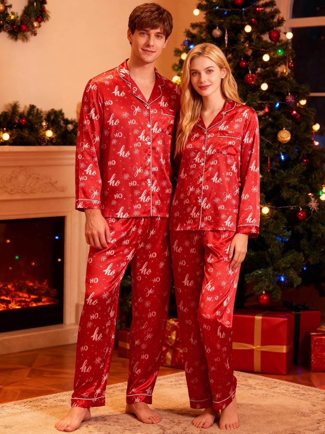 Satin Christmas Pajamas for Adult Women Men Button Down Pjs Couples Pijamas Matching Sets Sleepwear Loungewear - Image 2