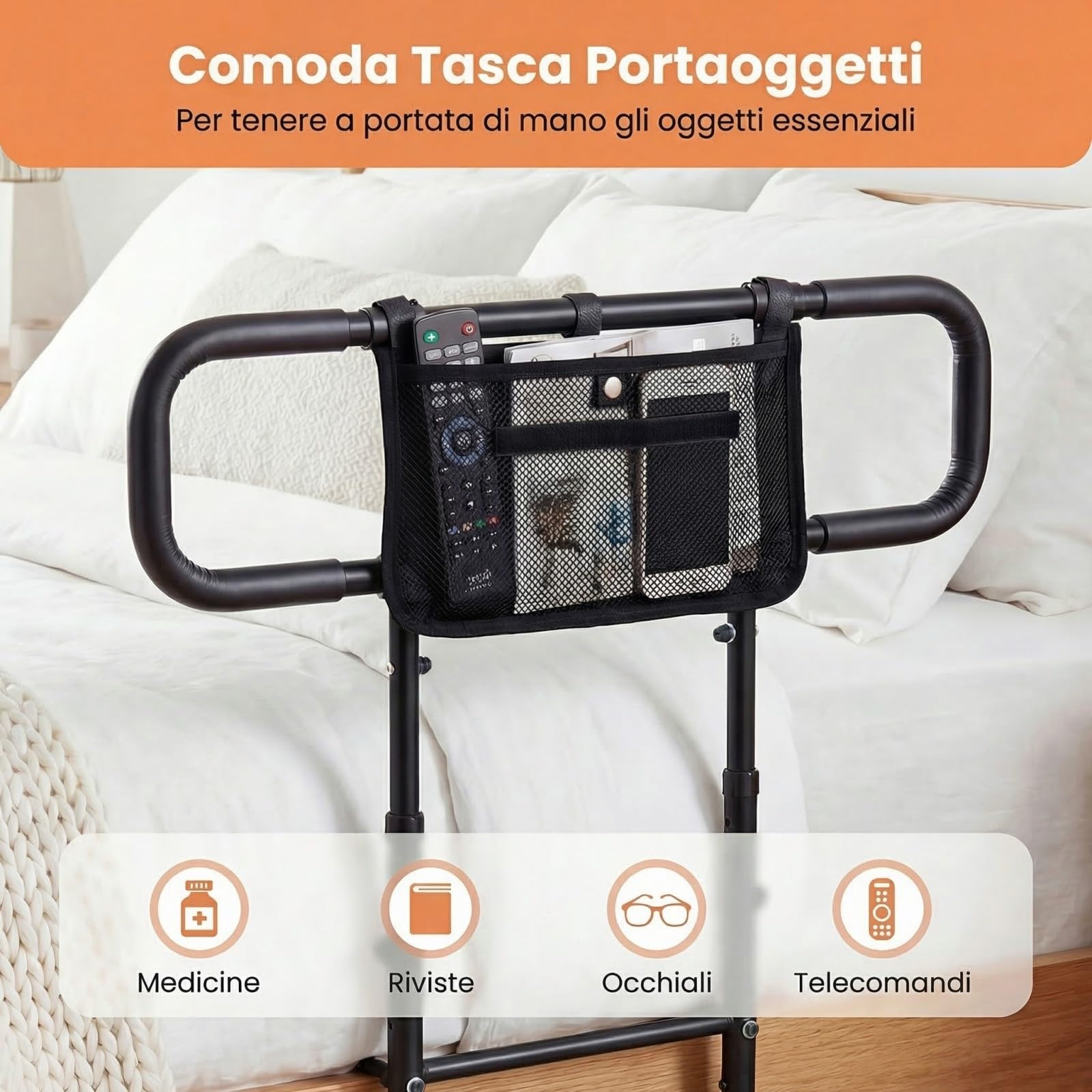 COSTWAY Sponda Letto Pieghevole per Anziani, Altezza/Larghezza Regolabile, Tasca Rimovibile, Maniglie Imbottite e Base a U, Sbarra da Letto con Cintura di Fissaggio, Supporto 136 kg (Nero)
