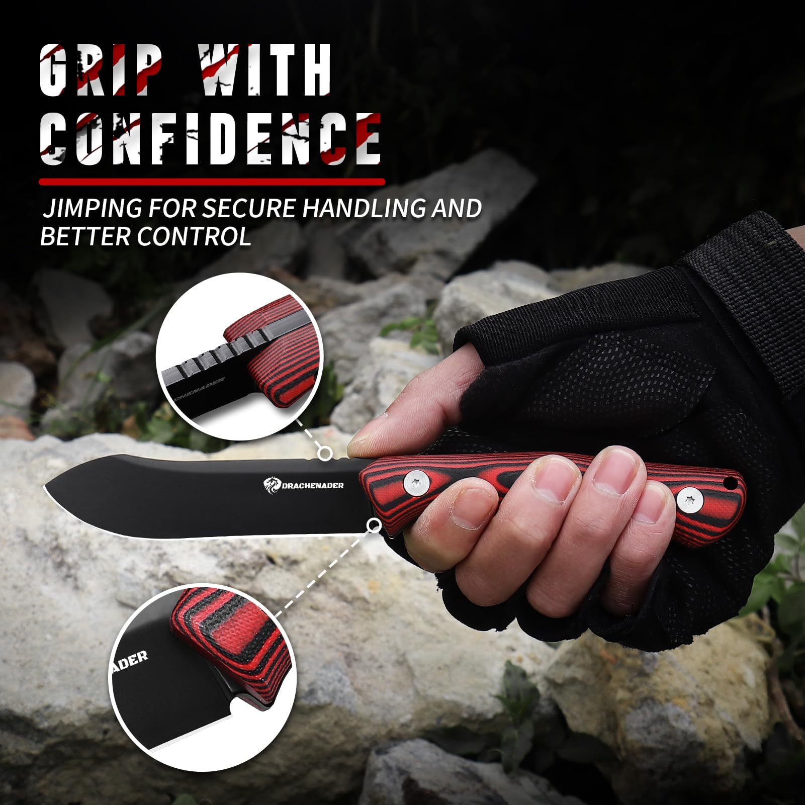 DRACHENADER Cuchillo Supervivencia Red-Rock, Full Tang para Exteriores, Hoja 10, 3 cm de Acer D2, Nessmuk con Funda Kydex