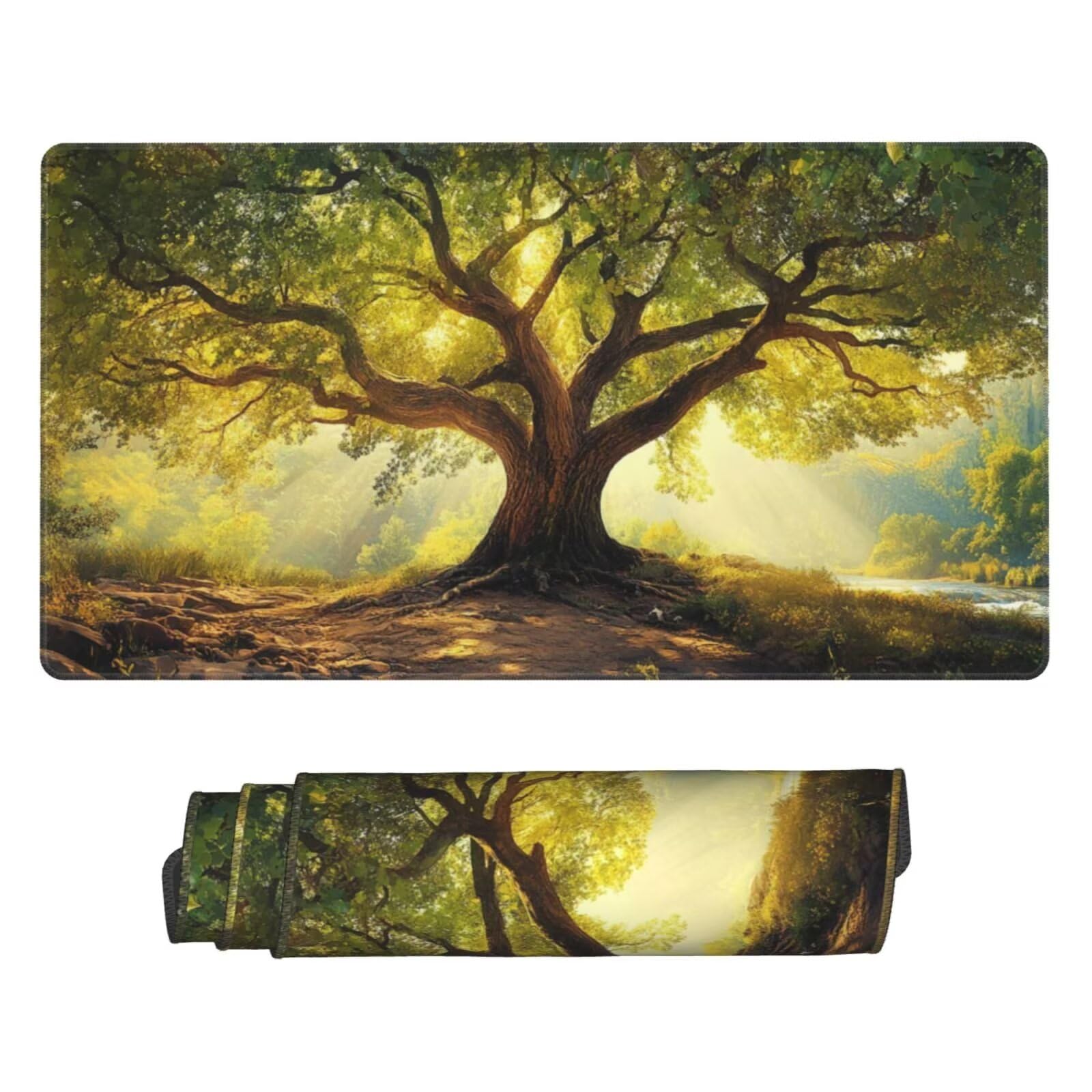 Gaming Mauspad XXL 1000x500x3mm Mousepad Verlängertes Groß Mauspad Schreibtischauflage,Genähte Kanten rutschfeste Gummibasis,Verbessert Präzision Geschwindigkeit Home Office Grüner großer Baum L-3672