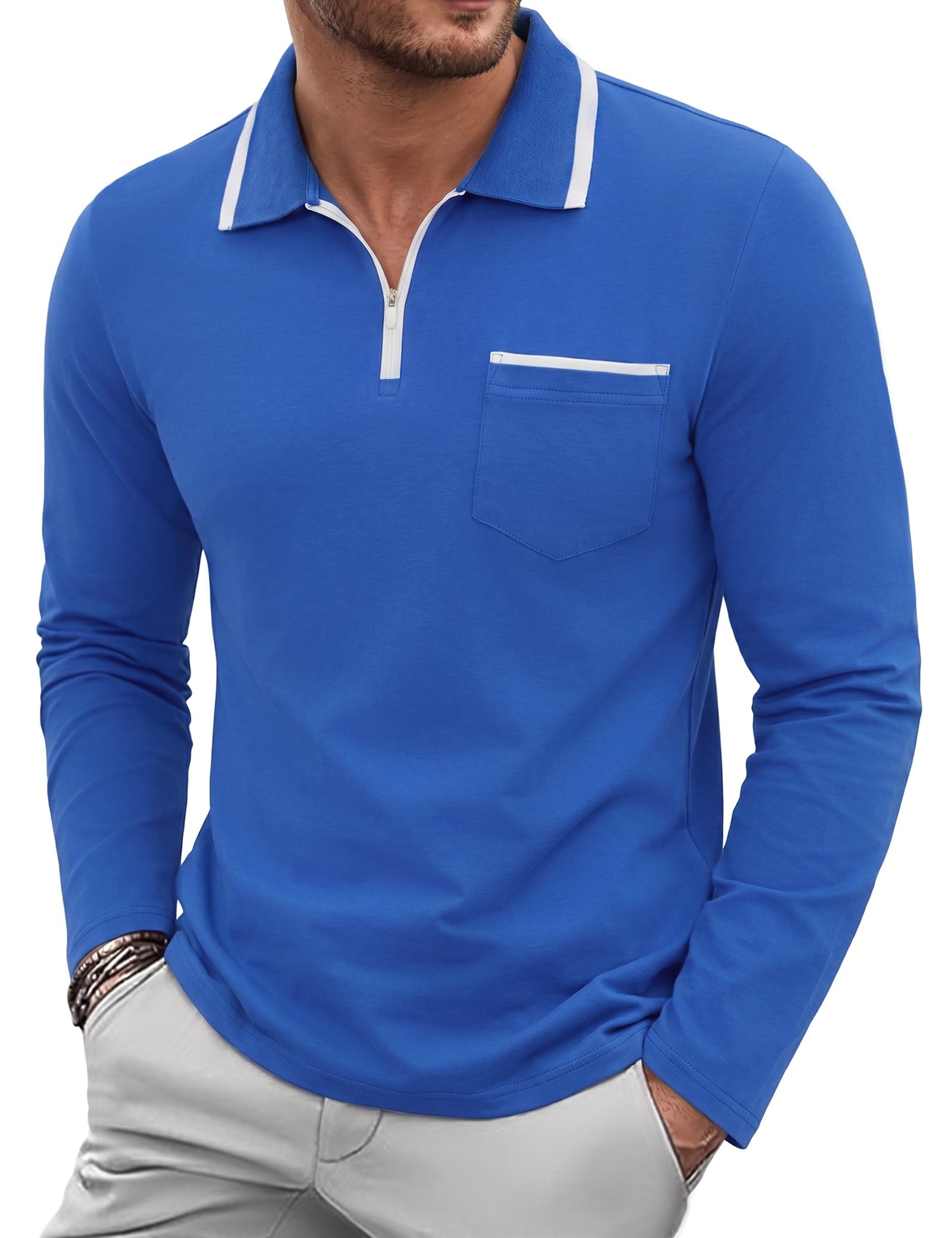 iClosam Poloshirt Herren Langarm Baumwolle mit Reißverschluss Polohemd | Gestreifte Langarmshirts, Kontrastkragen Golf Shirts mit Brusttasche,Leichtes T-Shirt für Alltag Freizeit