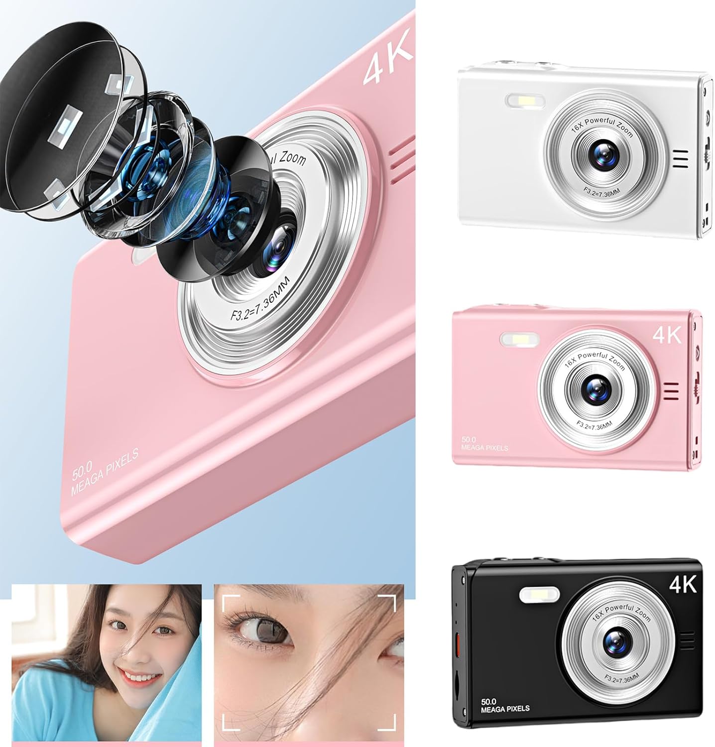 デジタルカメラ 子供用 キッズカメラ 6400万画素 4K録画 子供 プレゼント 新生活 ギフト ユーザーフレンドリーなデジタルカメラ 48MP 写真 1080P ビデオ 2 レンズと 32GB カードの互換性子供用ポータブルカメ
