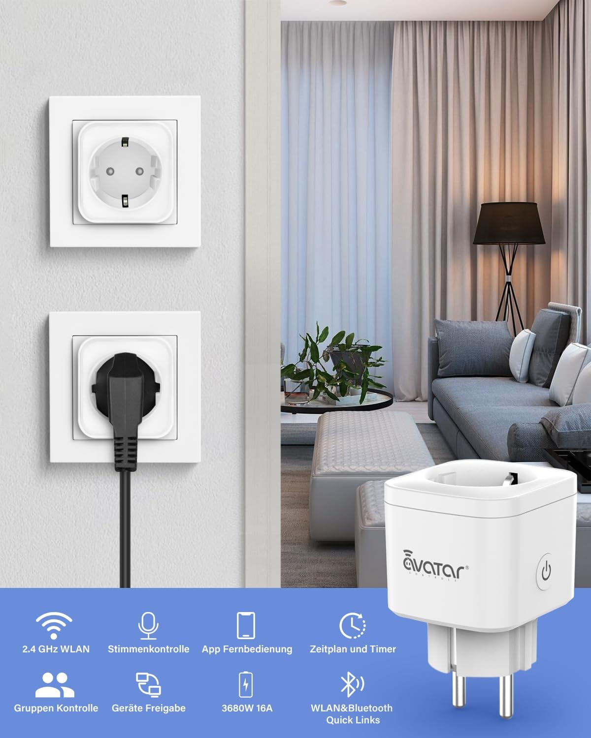 Avatar Controls AWP16L Smart Socket plugged into a wall outlet, with icons illustrating its features: 2.4 GHz WLAN, Voice Control, App Remote Control, Schedule and Timer, Group Control, Device Sharing, 3680W 16A, WLAN & Bluetooth Quick Links.