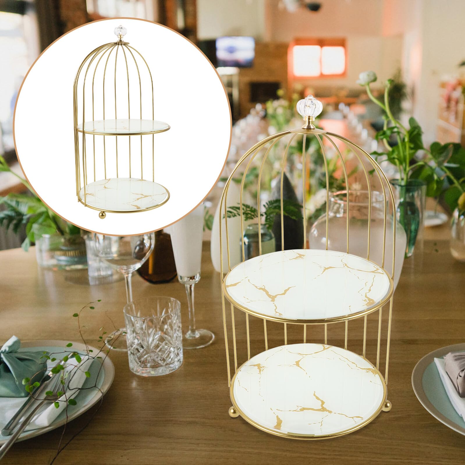 Soporte para Pastel Metálico Dorado de Doble Nivel Jaula Exhibidor de Mesa para Cupcakes y Postres Adecuado para Bodas Cumpleaños y Decoraciones de Fiestas