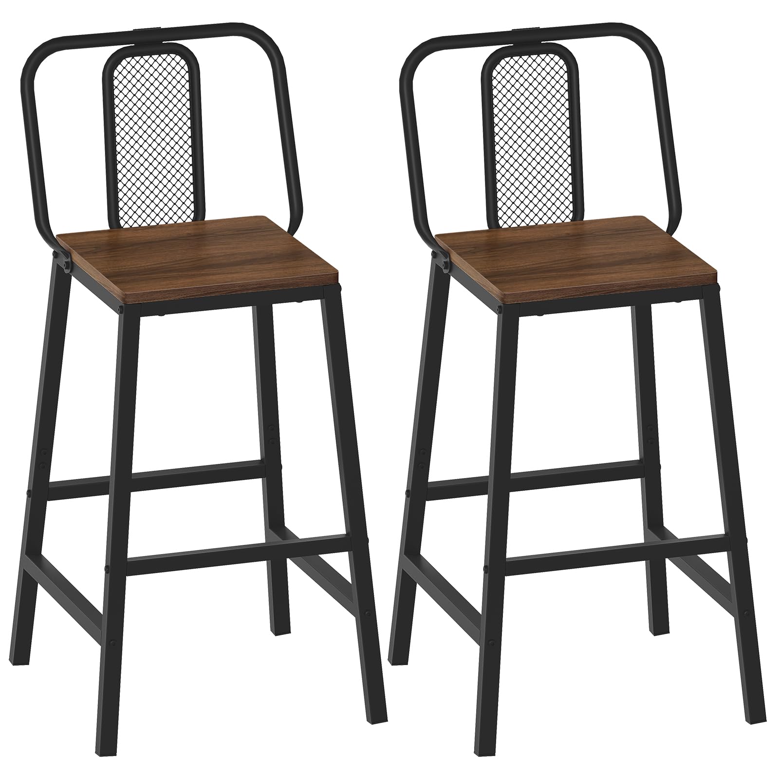 Set of 2 Bar Stools, 24.2 Inch Barstools for Kitchen Counter, High Backrest Counter Height Stools, Bar Chairs for Pub, Island, Coffee Nook, Study, Walnut and Black BY01L2BHY1