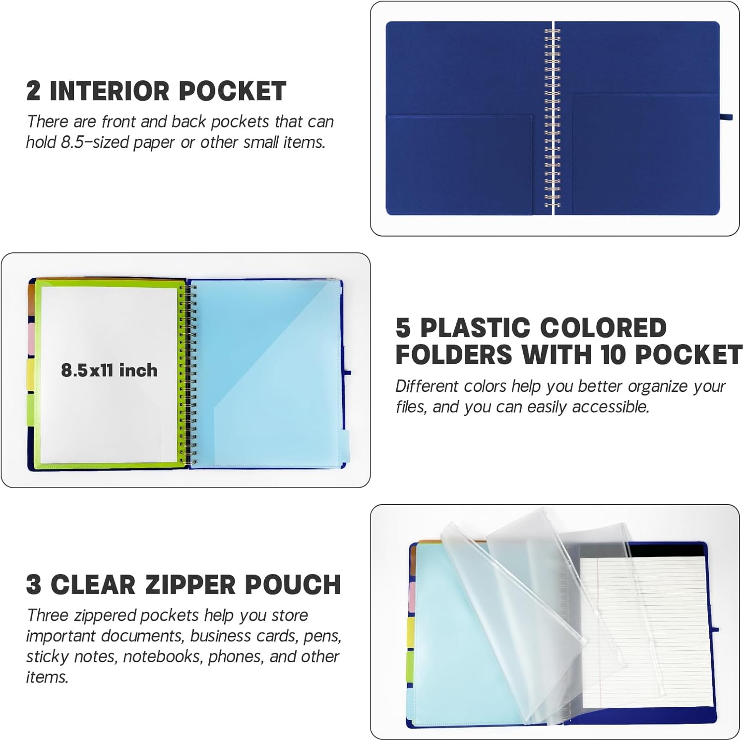 Clipboard Folio with Storage for Letter Size, Spiral Clipboards with 3 Storage Zipper Pouch, 5 Dividers with 10 Pockets, Refillable Lined Notepad, Hardcover Folio for Work (Blue)