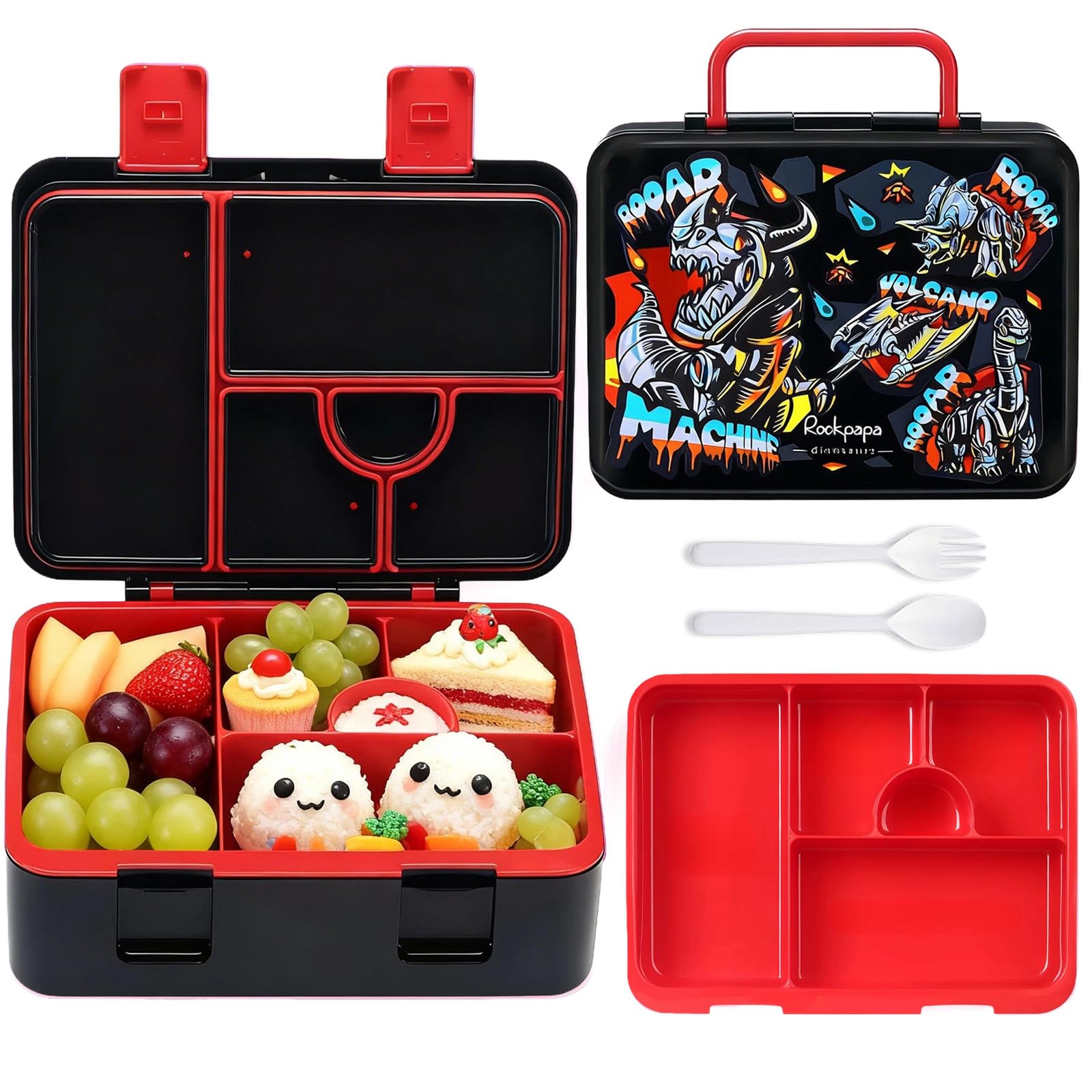 rockpapa 5.5 Cups Bento Lunch Box for Kids, 5-Compartment, Machine Dino