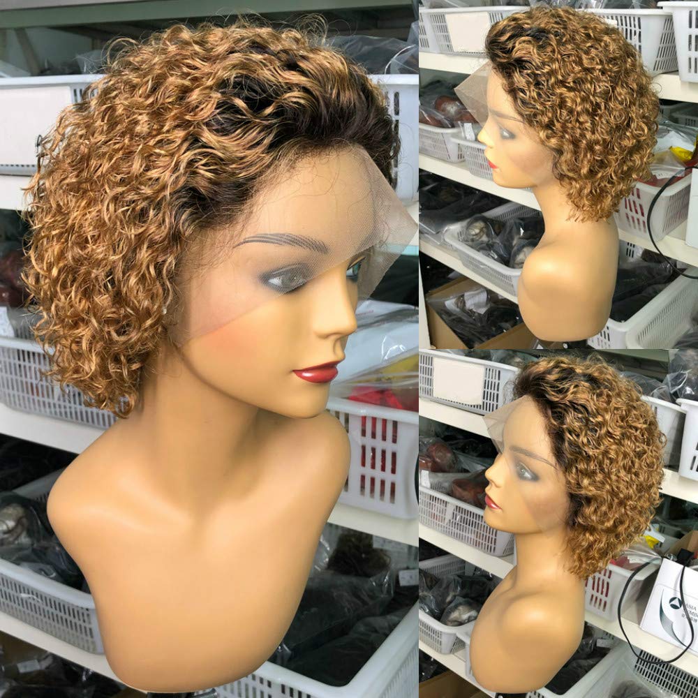 Pixie Cut 13×4 Lace Frontal Wigs Human Hair Short Bob Curly Wigs Bleached Knots Lace Frontal Wig With Baby Hair Remy Hair 180%Density Natural Color