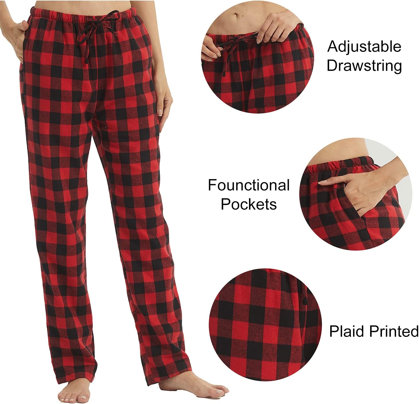Flannel Pajama Pants Women with Pockets & Drawstring Comfy Plaid Lounge Pants Casual Stretch Cotton Sleepwear Bottoms Soft Pj - Image 4