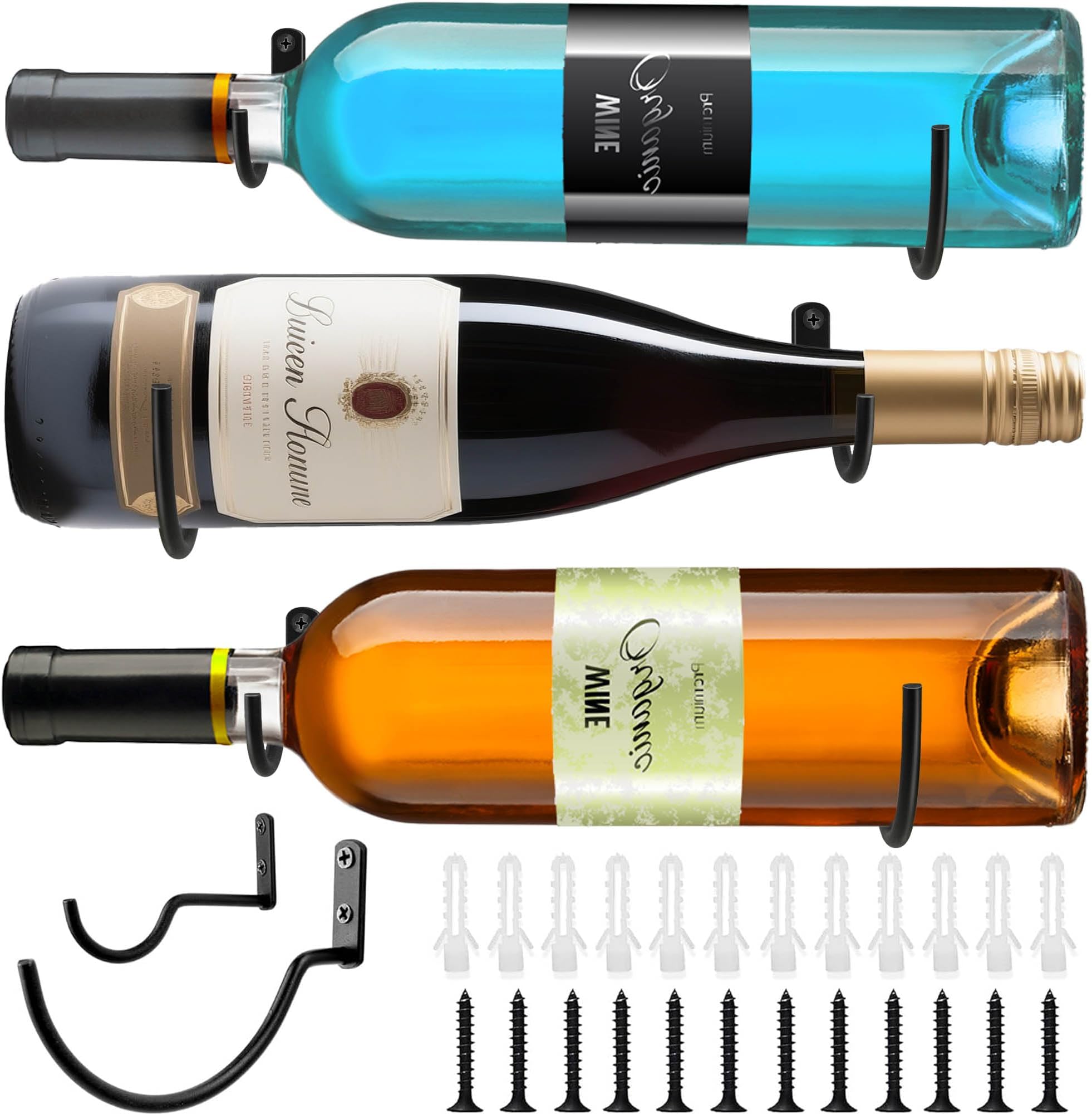 FLstudio Wall Mounted Wine Hooks: Set of 3 Metal Wall Mounted Wine Rack Hook, Hanging Wine Bottle Holder Organizer for Kitchen, Bar, Home Storage