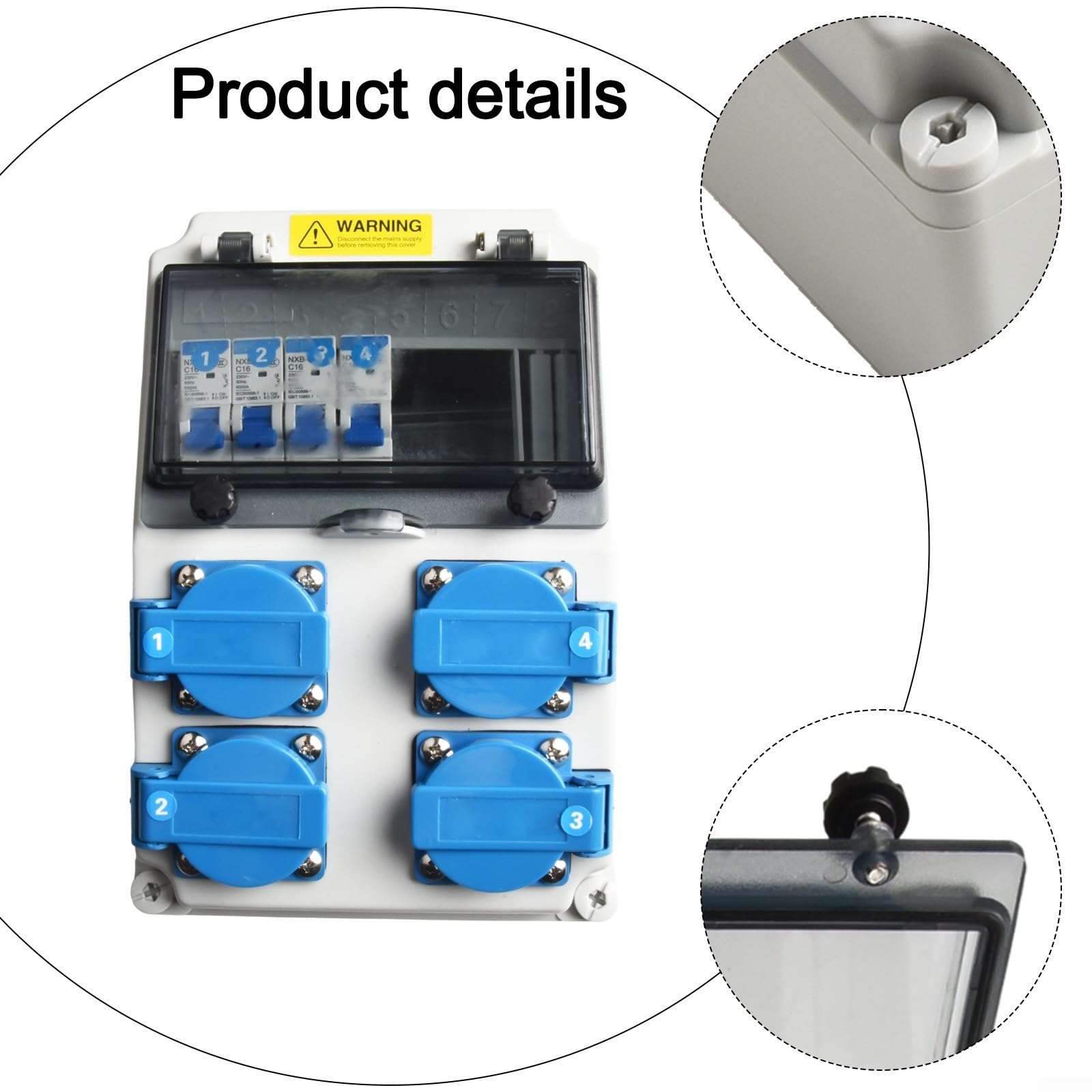 Distribuidor de corriente para construcción IP65, resistente al agua, 4 enchufes con interruptor de protección FI, fusibles automáticos de 16 A, carcasa ABS 260 x 170 x 140 mm, para interior y