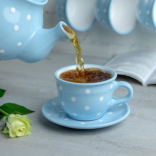 Miniatura 4 de City to Cottage Taza y platillo de café capuchino hecho a mano con lunares celestes y blancos, tamaño grande, de cerámica, 12 onzas líquidas, regalo