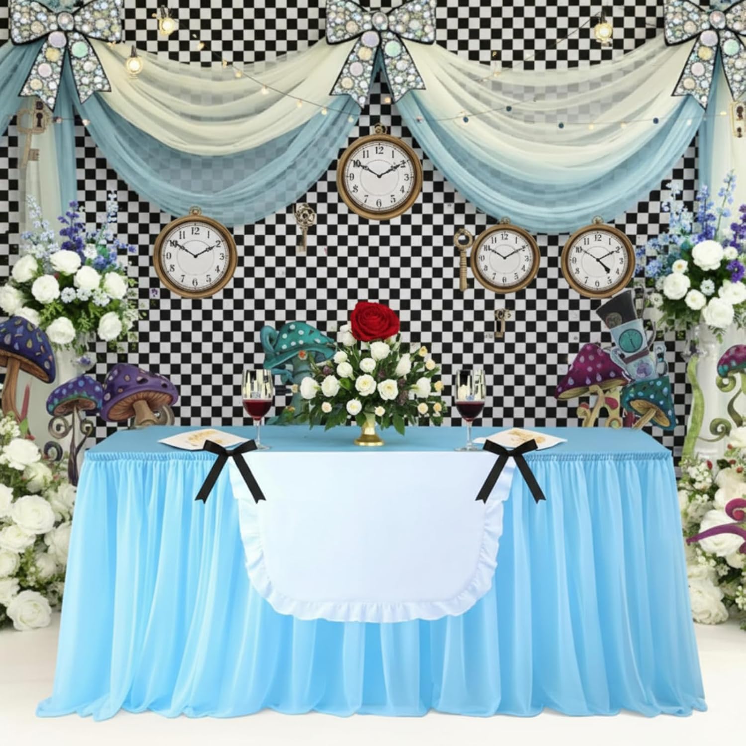 5 Pcs Wonderland Party Decorations Wonderland Table Cloth Blue Mesh Table Group, White Tablecloth Black Bow for Tea Party Celebrations Birthday Mother's Day