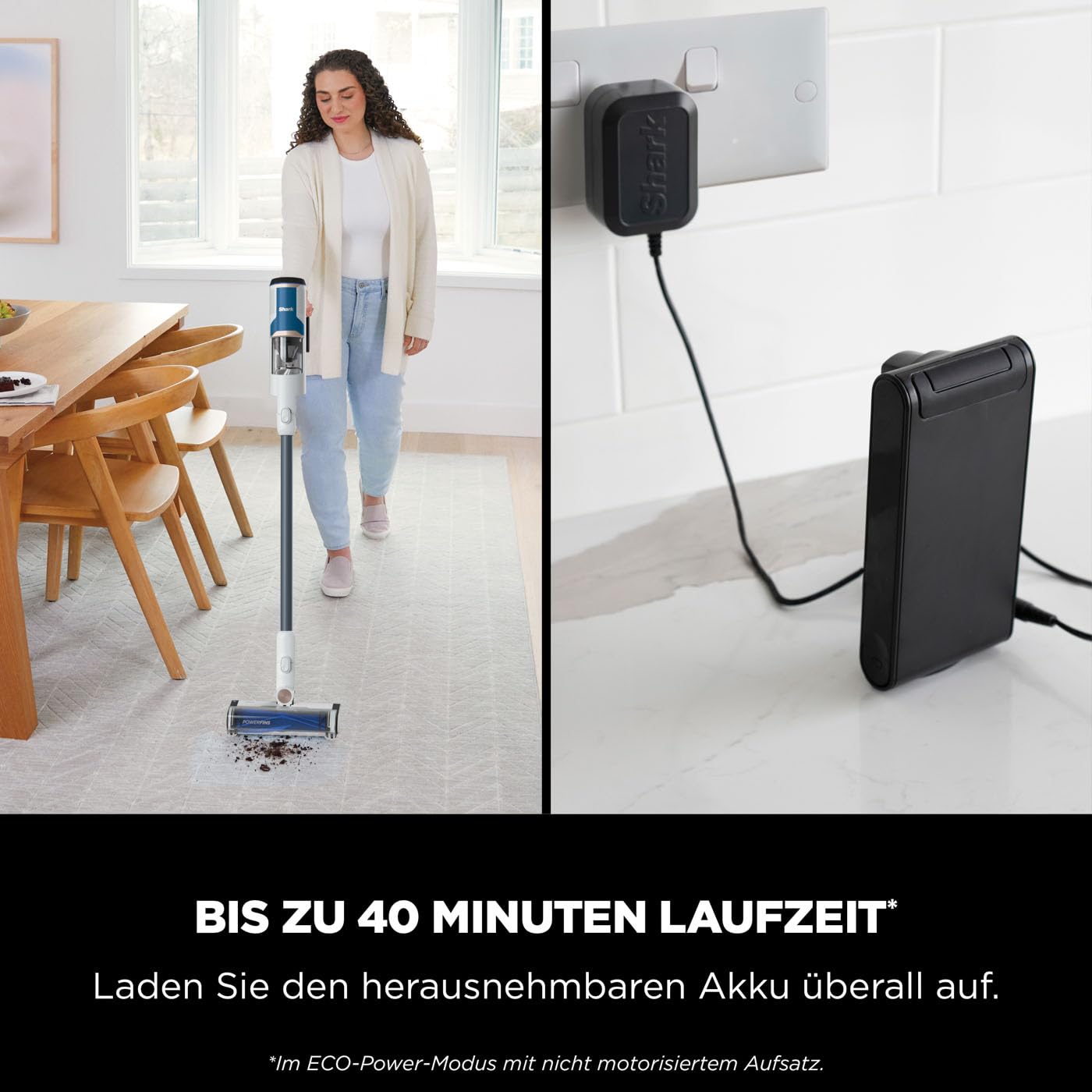 Shark kabelloser Akku-Staubsauger m. FloorDetect, Anti-Hair-Wrap, BU1120EU | PowerFins, 40 Min Laufzeit, LED-Display, Staubsauger kabellos & Handstaubsauger-Modus m. Fugendüse, Weiß und Marineblau