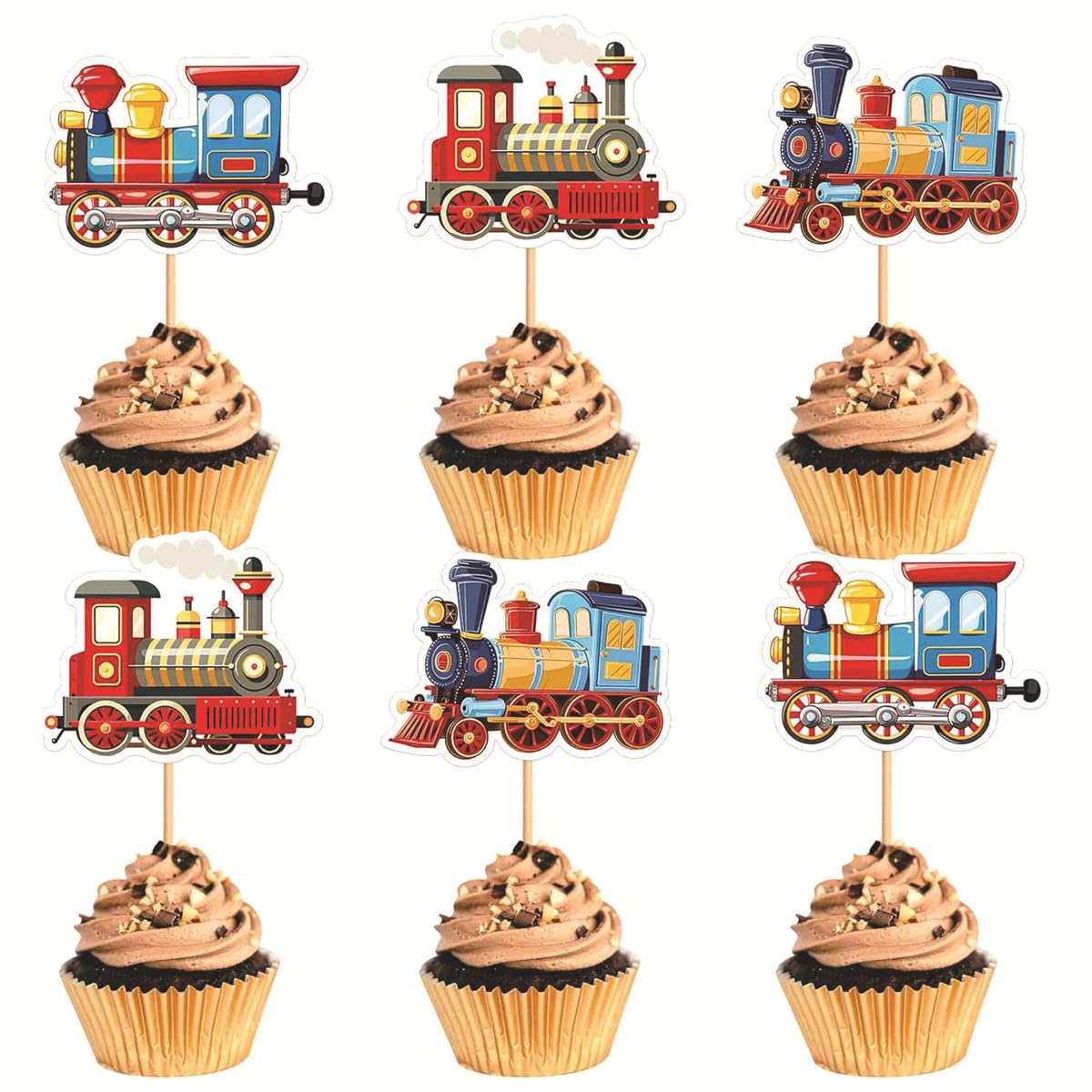 24 Pcs Train-Themed Cake Decorations, Cartoon Train Cupcake Toppers, Vintage Train Locomotives, Ideal for Children's Birthday Party, Christening Party and Train-Themed Parties
