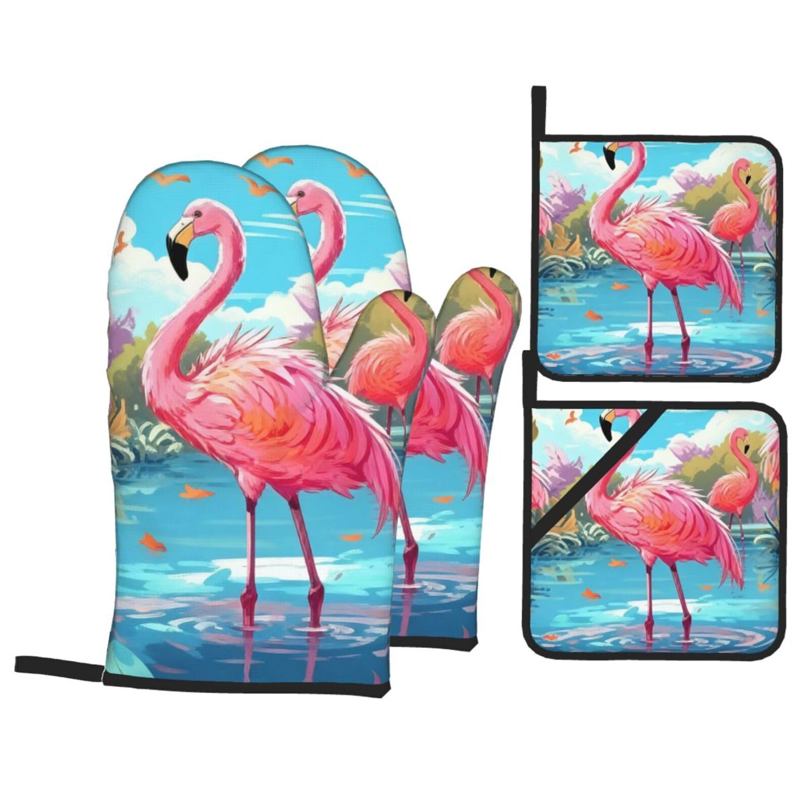 Oven Mitts and Pot Holders Sets of 4 Heat Resistant Oven Gloves Hot Pads flamingo bird Oven Mitts Non-Slip Kitchen Mitts Potholders for Cooking Baking BBQ Grilling