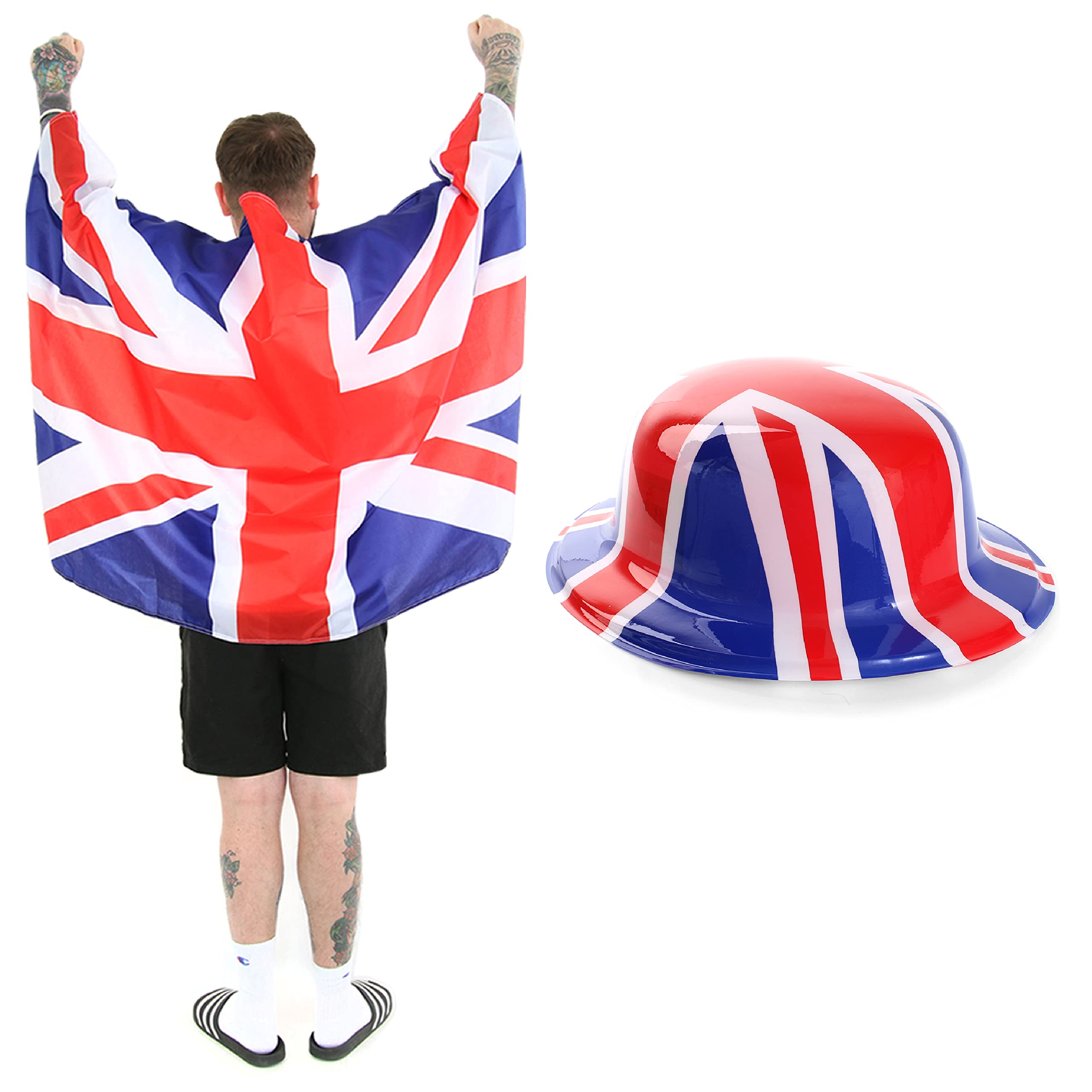 Union Jack Flag & Hat Set - Pack of 24 - Wearable Large Union Jack Flag Cape & Union Jack Bowler Hat - VE Day, Britain Fancy Dress VE DAY COMMONWEALTH