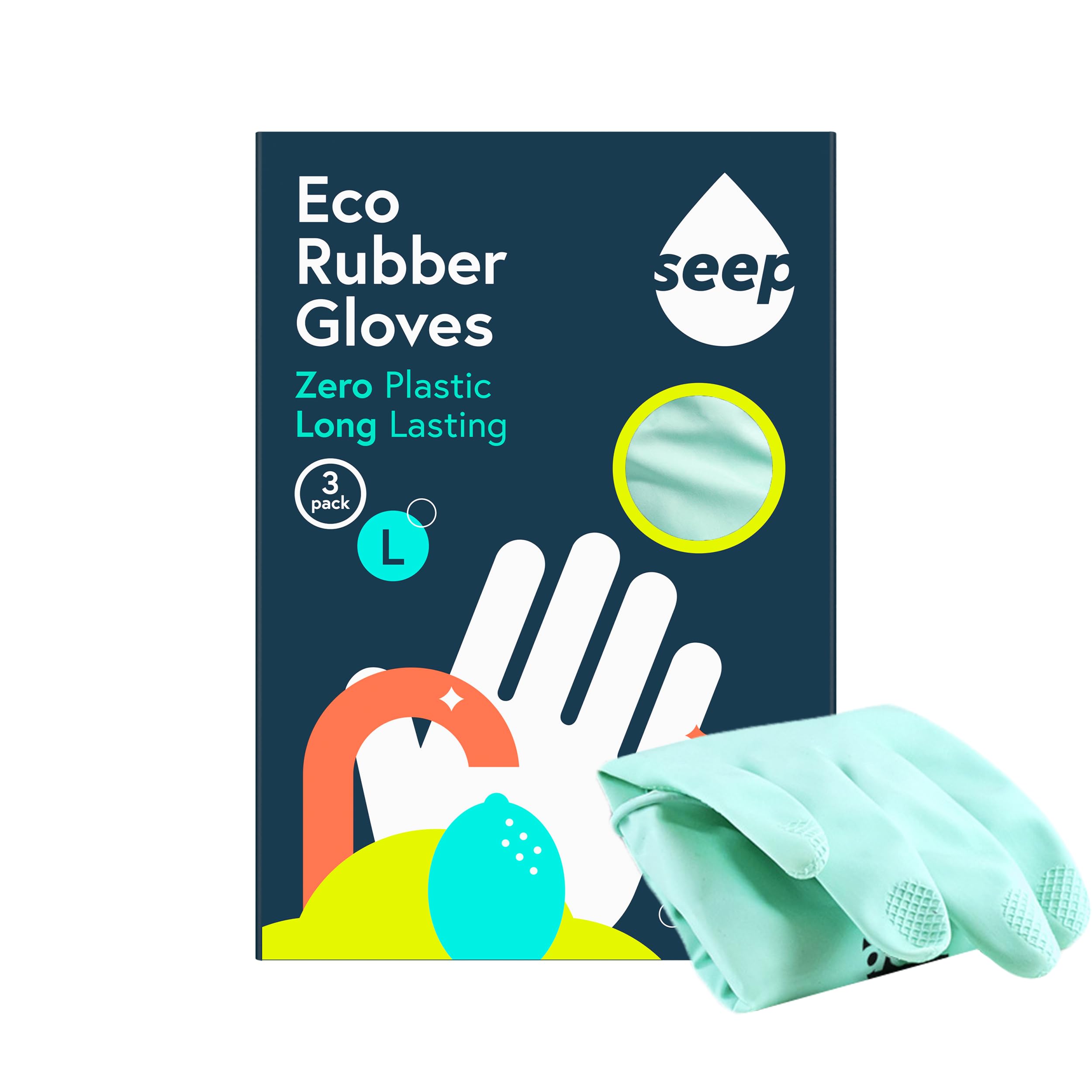 SEEP Eco Large Rubber Kitchen Gloves - 3 Pack - Washing Up Gloves Made Using Compostable Rubber - Multi-purpose Household - FSC & Fair-trade Certified, Turquoise
