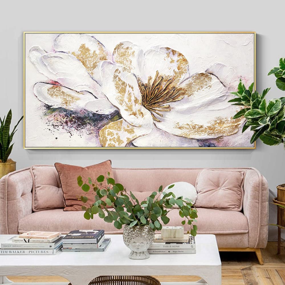 Handgemaltes Ölgemälde Auf Leinwand – Moderne Pfingstrose Mit Goldfolie, Wandfüllende Kunst
