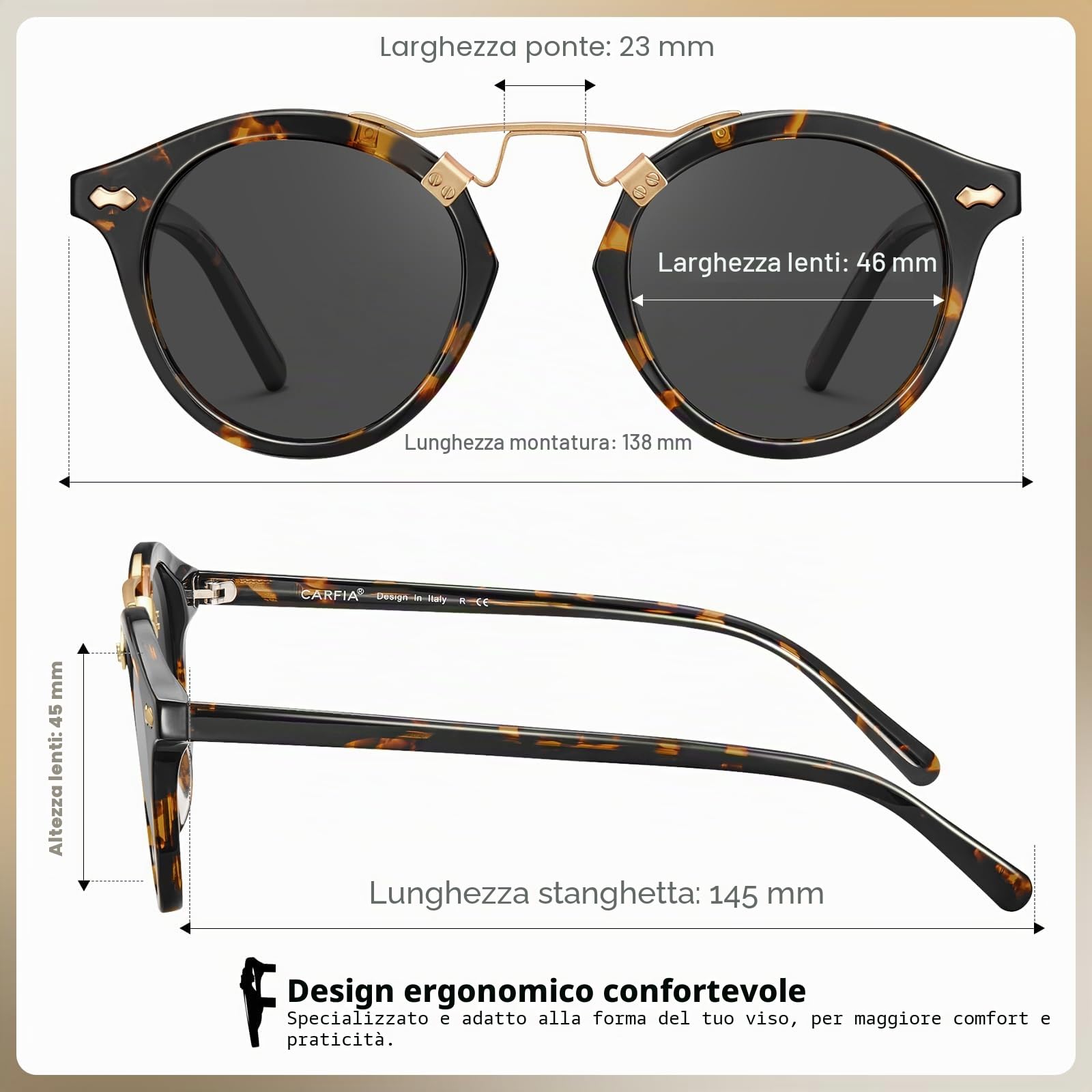 Carfia Retro Occhiali da Sole Donna Polarizzati Protezione UV400 Italia Occhiali Rotondi in Acetato Lucidato a Mano Metal Brow