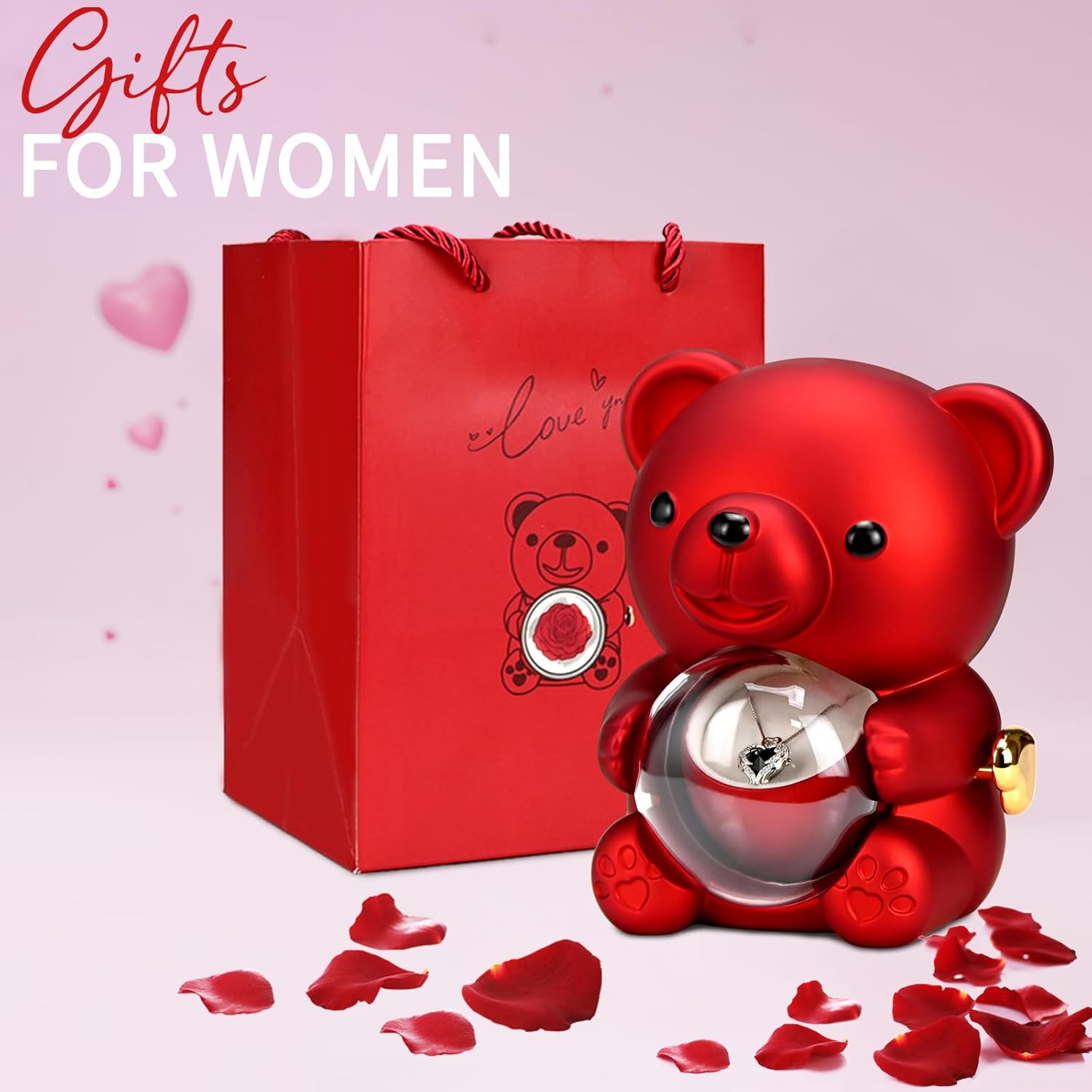 Preserved Red Real Rose with Heart Necklace，Eternal Flowers Rose Bear Gifts for Mom Wife Girlfriend on Mothers Day Birthday Valentines Christmas Anniversary Romantic Gifts for Her - Image 4