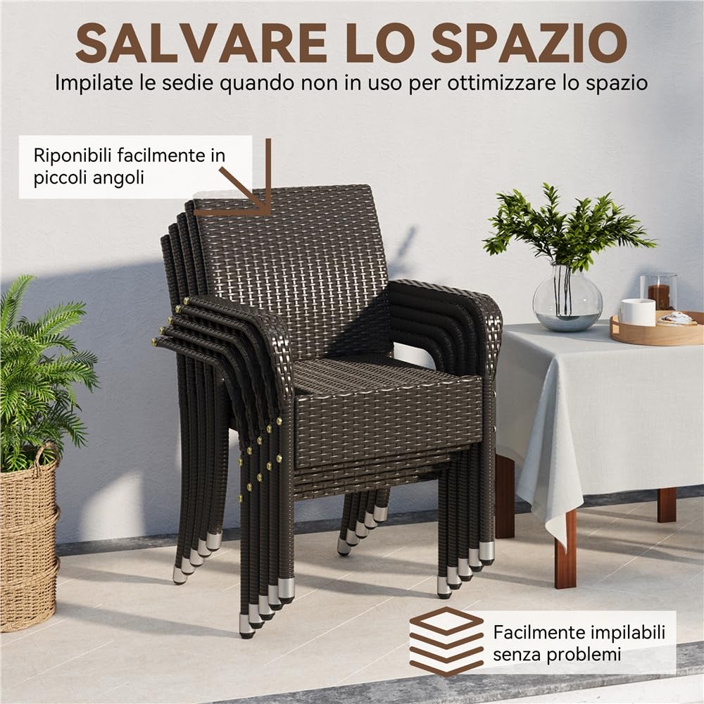 Yaheetech Set di 2 Sedie Impilabili in Rattan Sedia da Giardino con Braccioli Piedini Regolabili e Schienale per Giardino Balcone PatioTerrazza Marrone